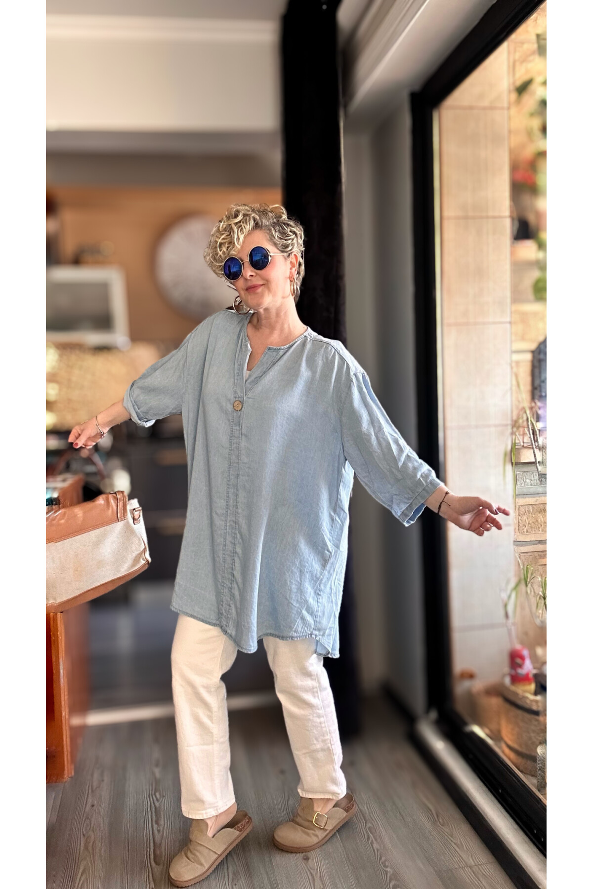 Felpa İtalyan Tek Düğme Tencel Kot Bluz Bebe Mavi