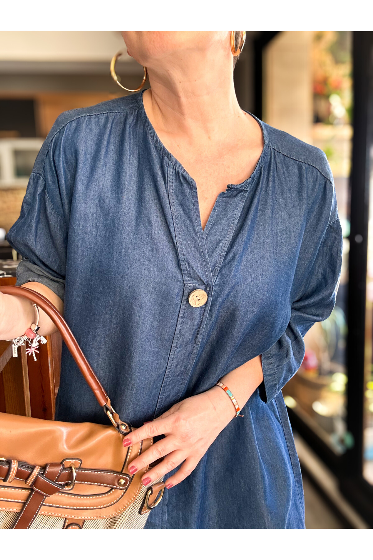 Felpa İtalyan Tek Düğme Tencel Kot Bluz Lacivert