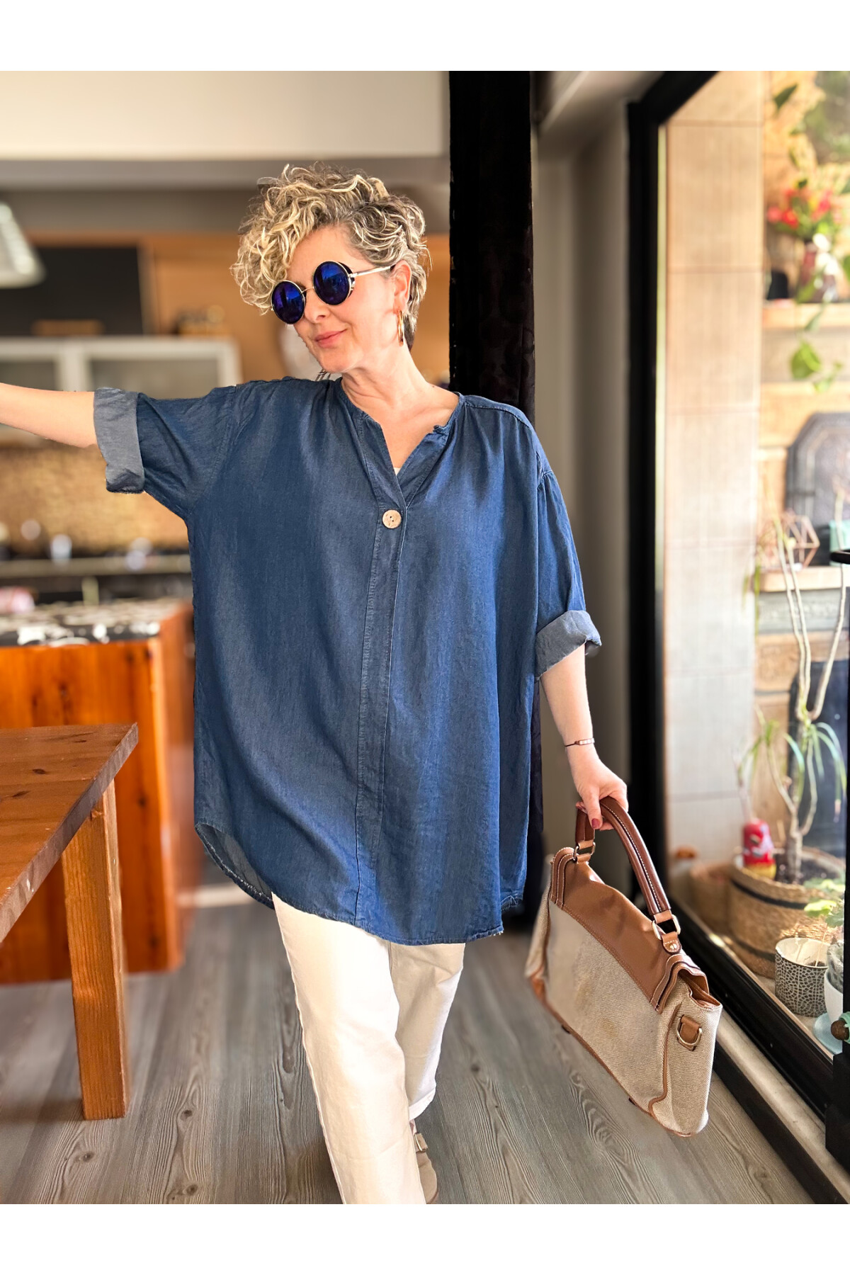 Felpa İtalyan Tek Düğme Tencel Kot Bluz Lacivert