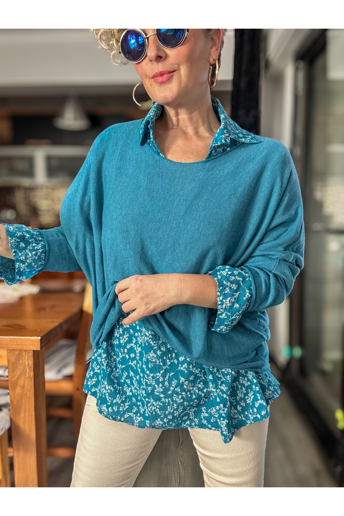 Femme İtalyan Gömlekli Bluz Triko Takım Turkuaz