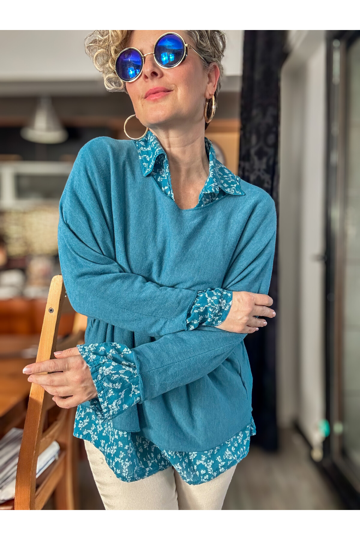 Femme İtalyan Gömlekli Bluz Triko Takım Turkuaz