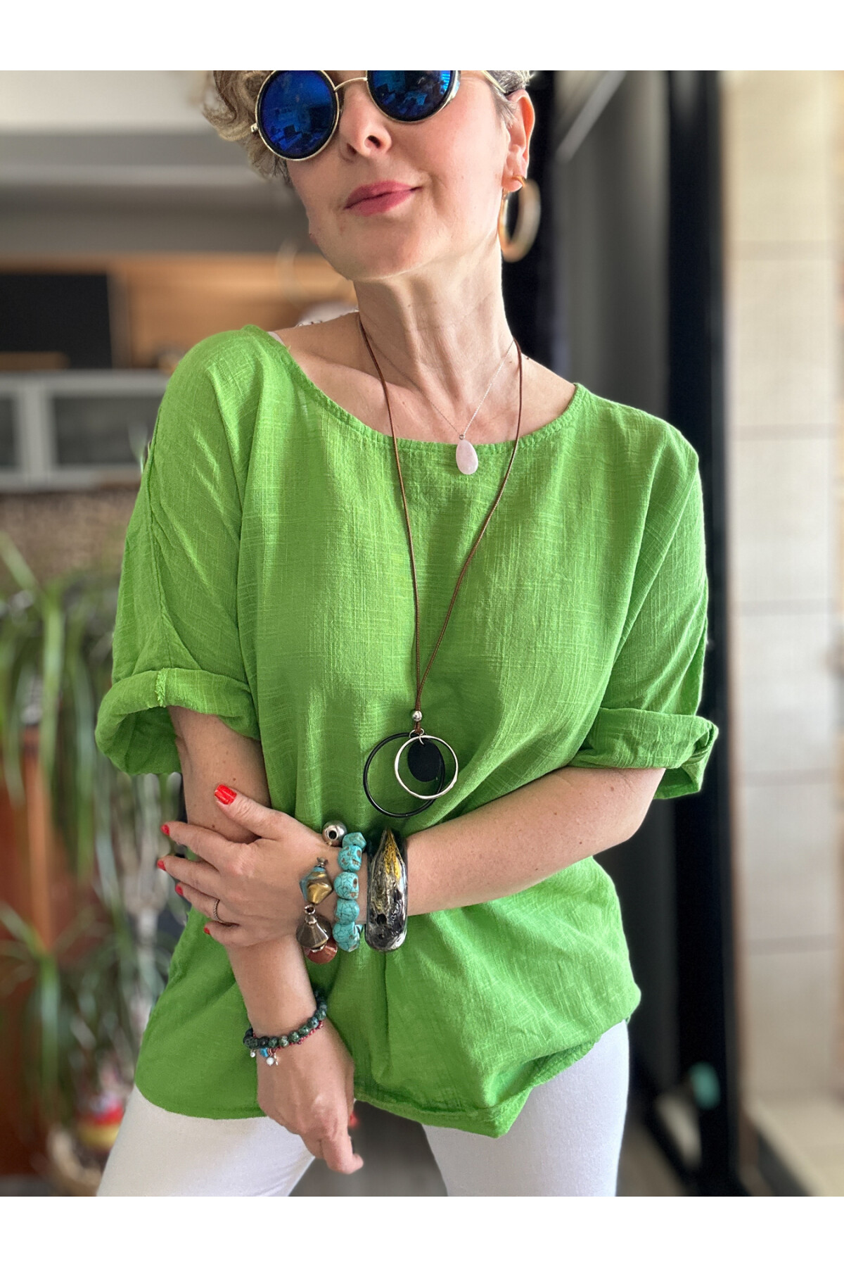 Fezza İthal Kolyeli Tasarım Bluz Çimen Yeşil