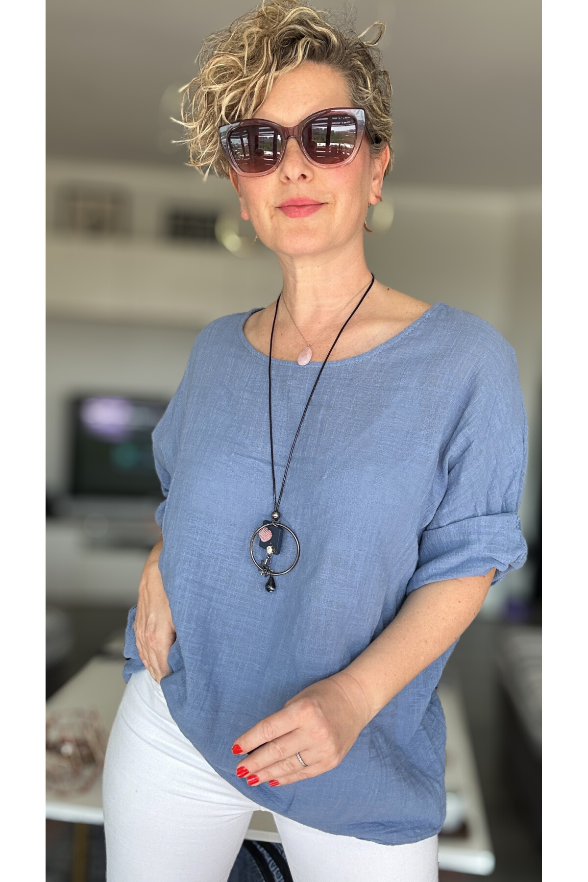 Fezza İthal Kolyeli Tasarım Bluz İndigo