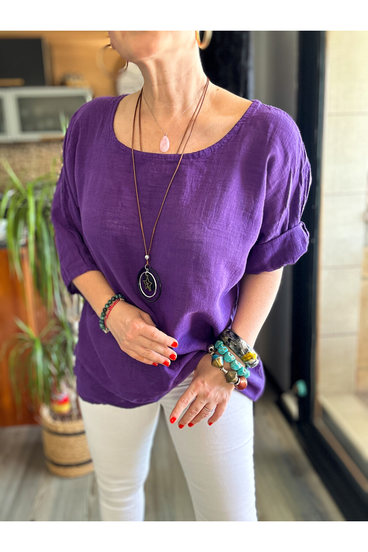 Fezza İthal Kolyeli Tasarım Bluz Mor