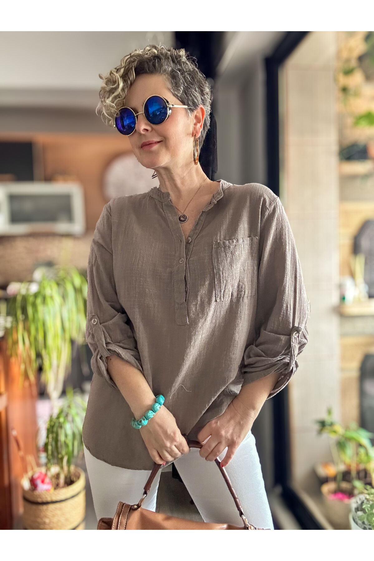 Figi İtalyan Tek Cep Gömlek Vizon