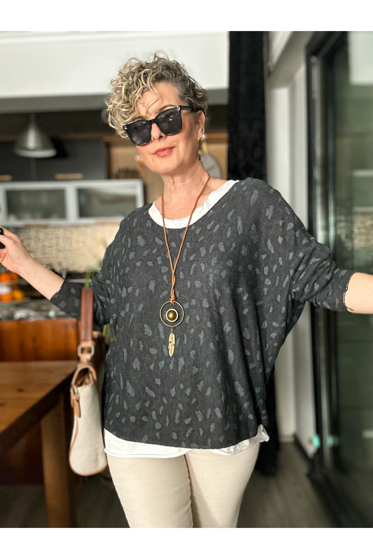 Fuggi Leopar Desen Kolyeli İtalyan Bluz Nero