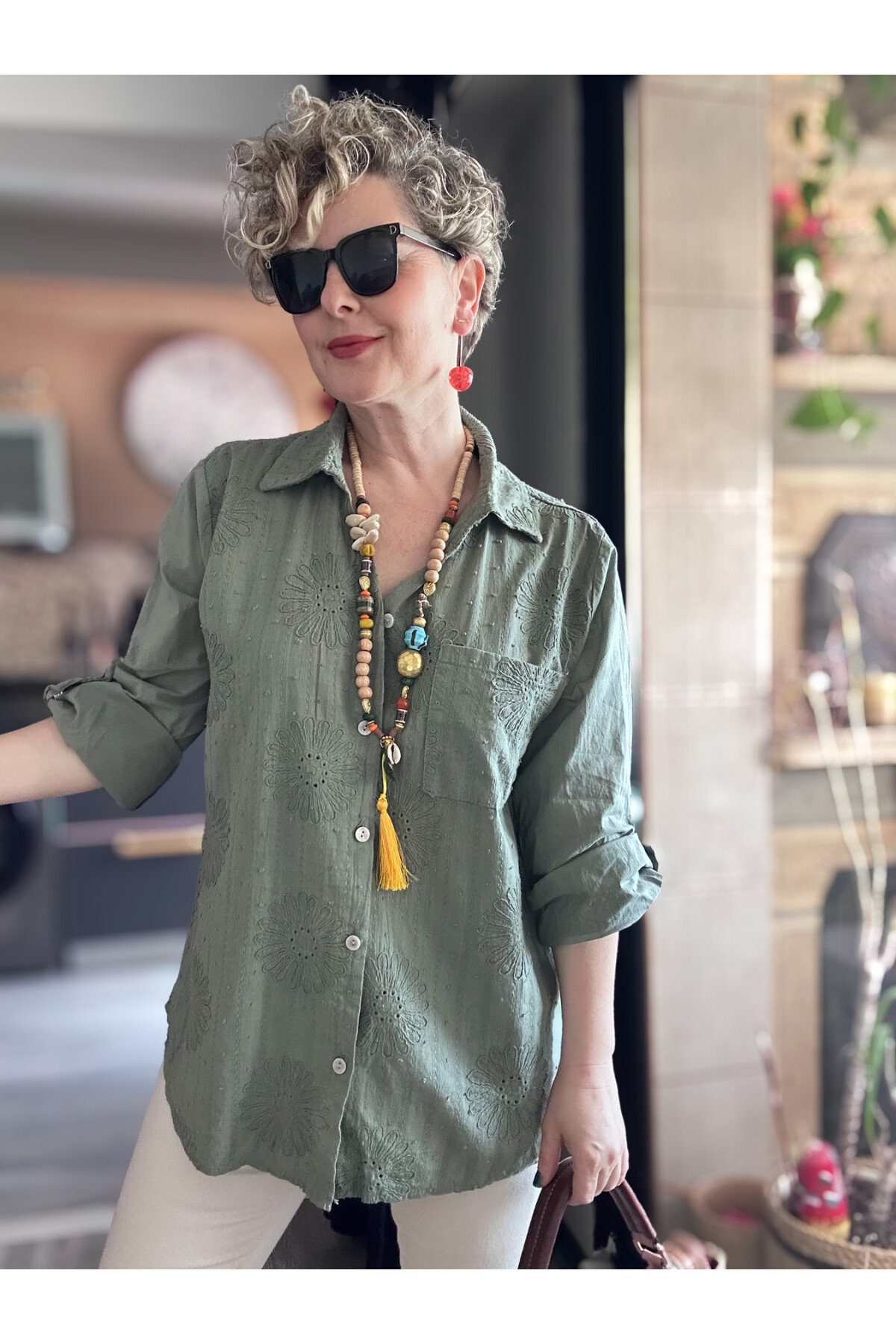 Gesso İtalyan Çiçek Fisto Detay Gömlek Haki