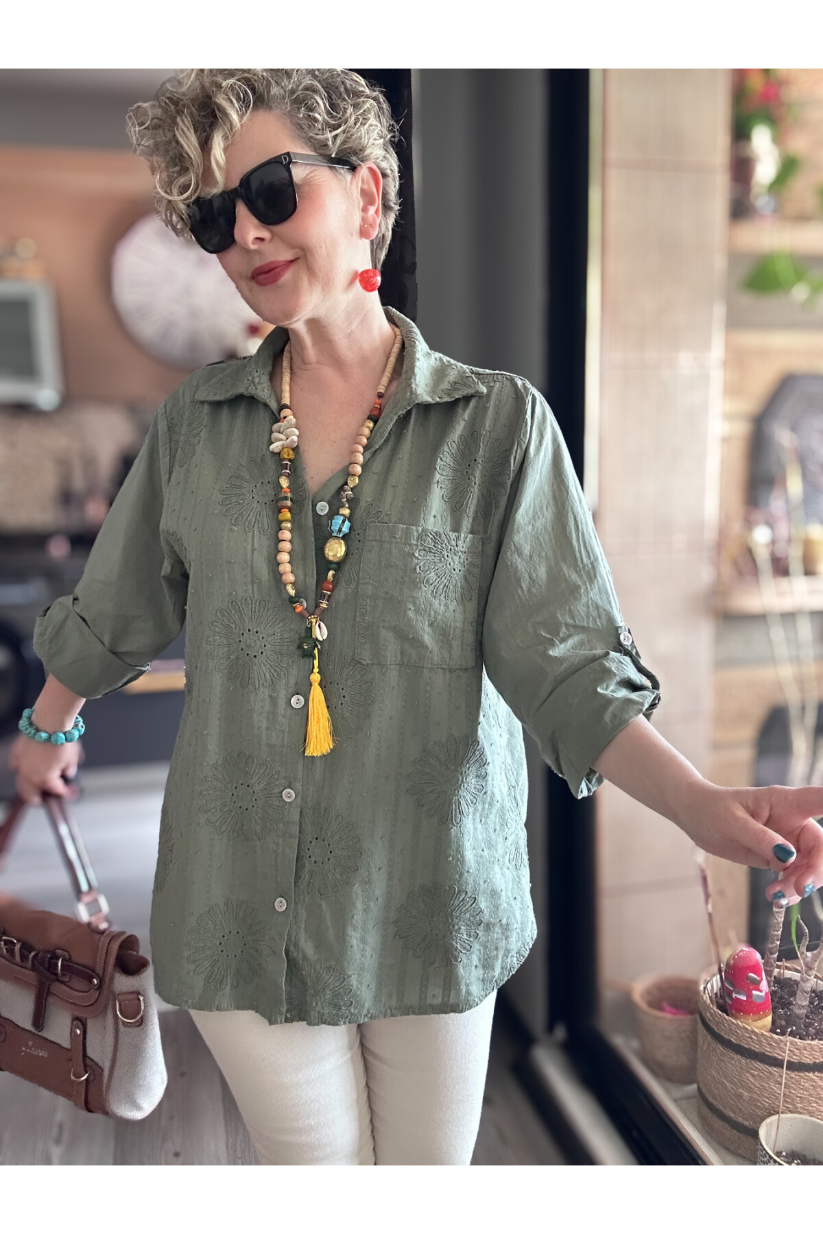 Gesso İtalyan Çiçek Fisto Detay Gömlek Haki