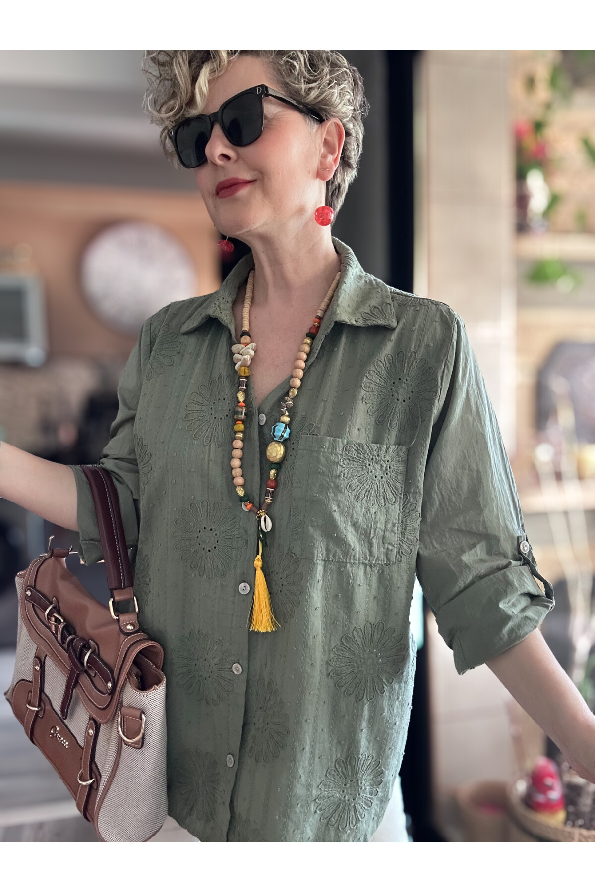 Gesso İtalyan Çiçek Fisto Detay Gömlek Haki