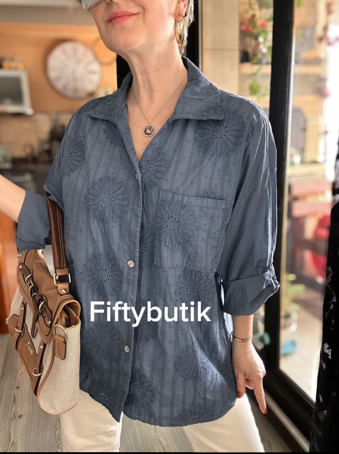 Gesso İtalyan Çiçek Fisto Detay Gömlek İndigo