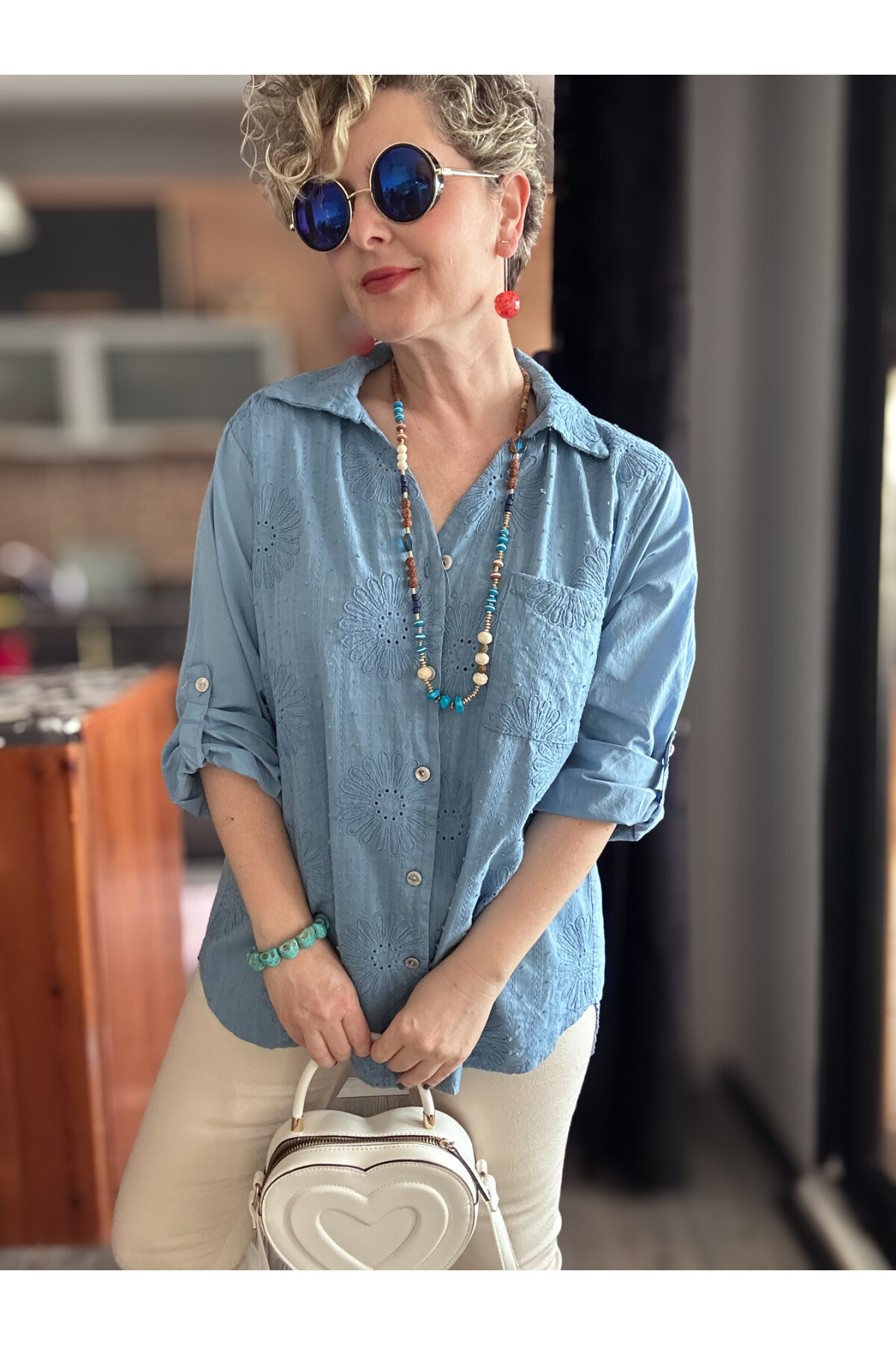 Gesso İtalyan Çiçek Fisto Detay Gömlek Mavi