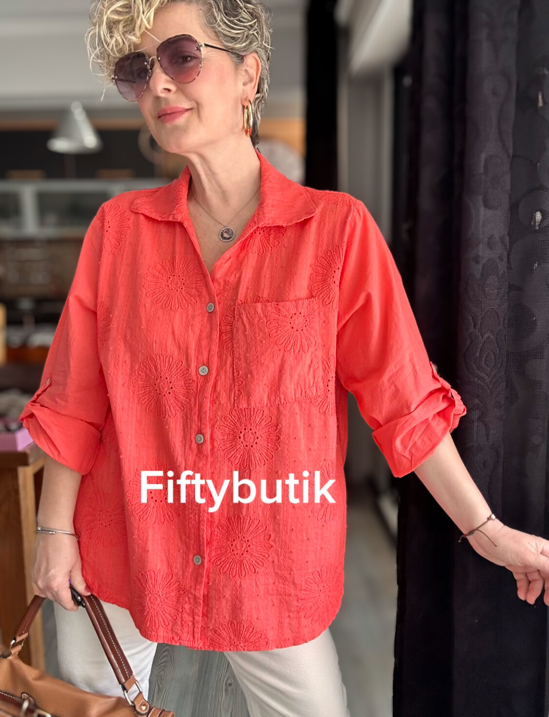 Gesso İtalyan Çiçek Fisto Detay Gömlek Mercan