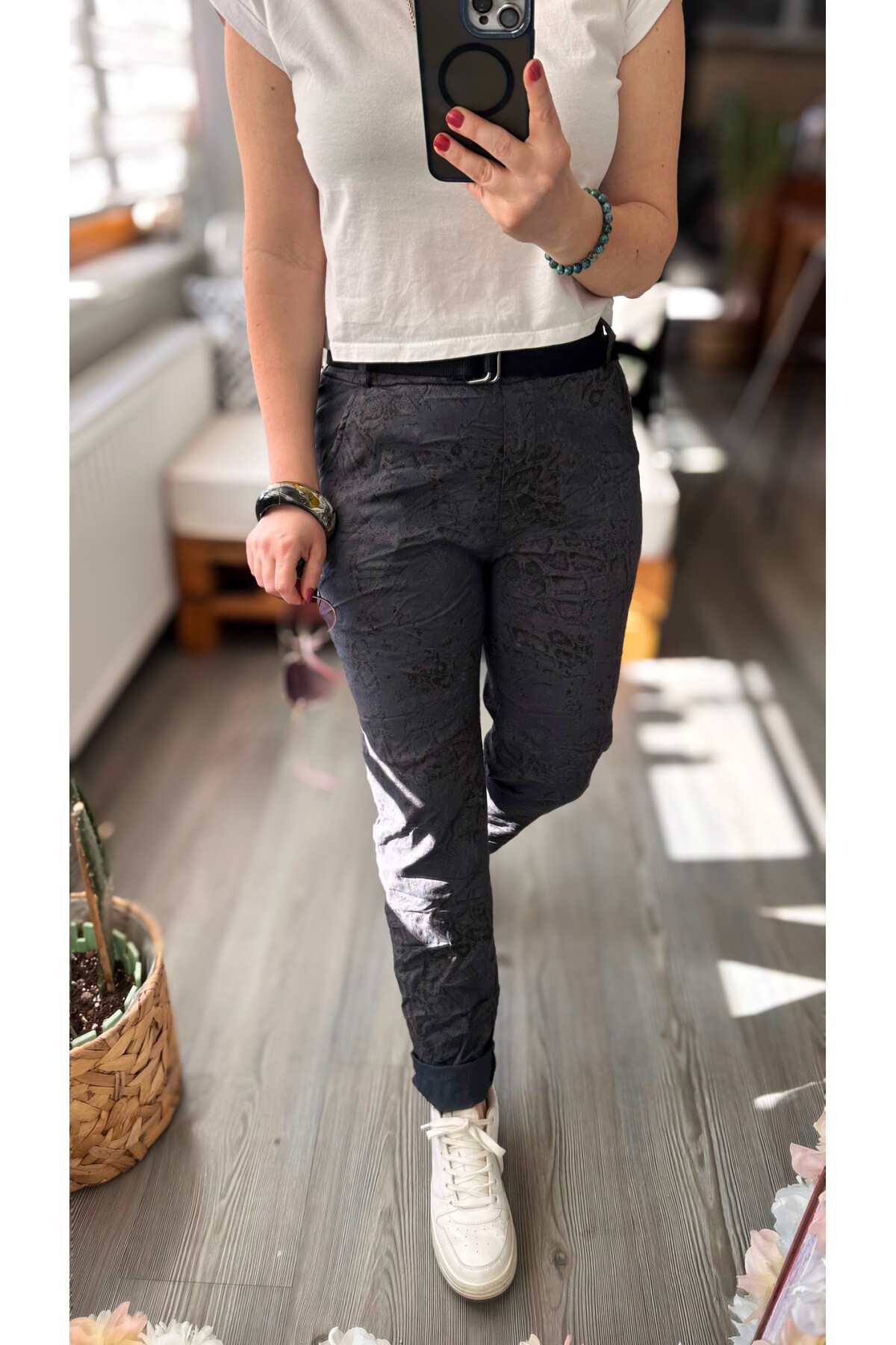 Gianni İtalyan Desen Detay Kemerli Sihirli Pantolon Dark Grey