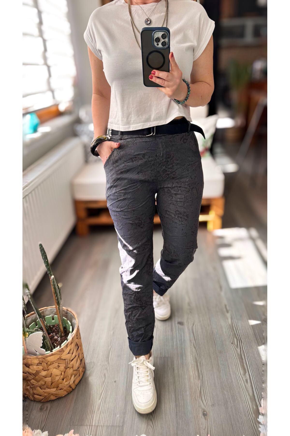 Gianni İtalyan Desen Detay Kemerli Sihirli Pantolon Dark Grey