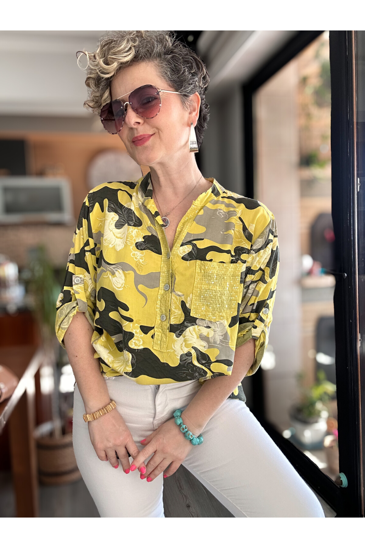 Gussi İtalyan Batik Kamuflaj Desen Pul Detay Gömlek Sarı