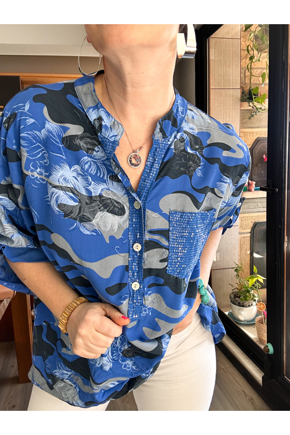 Gussi İtalyan Batik Kamuflaj Desen Pul Detay Gömlek Sax