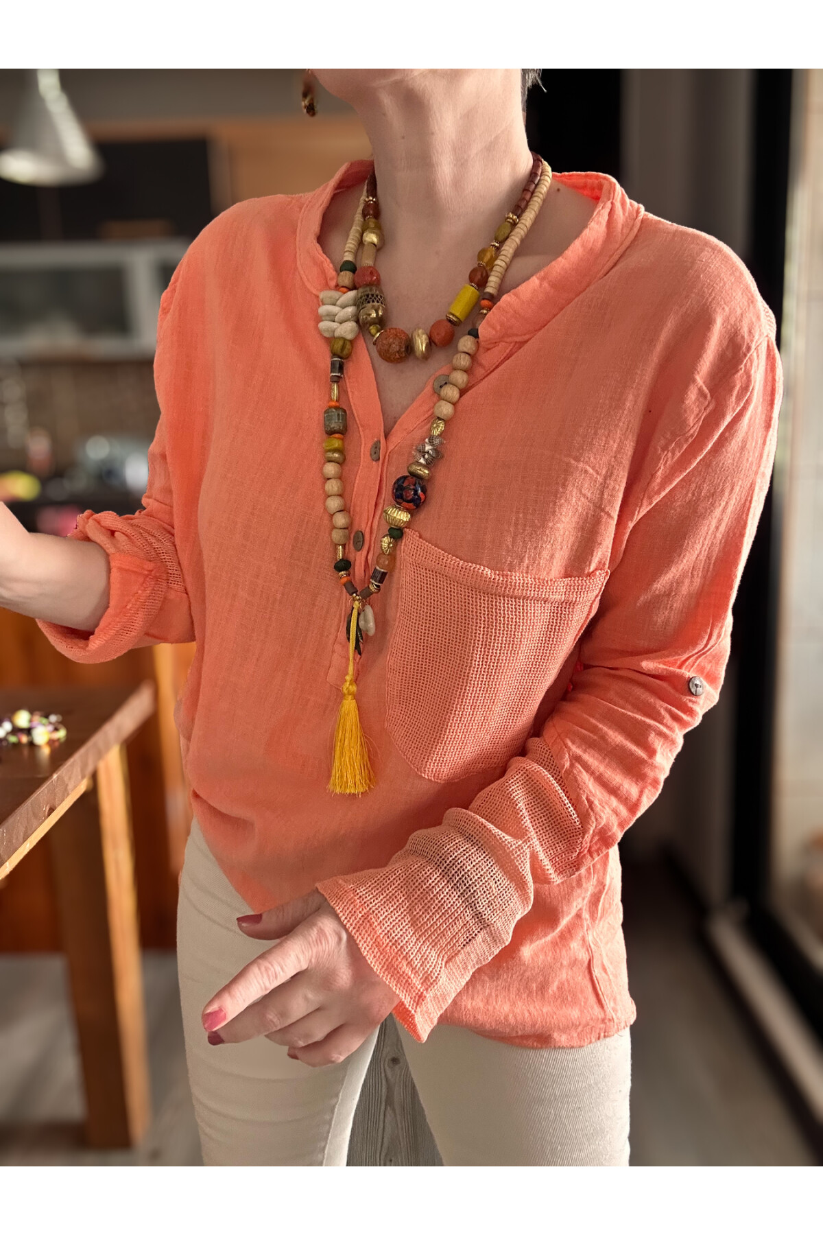 Jalli Tasarım Sırt File Detay Gömlek Turuncu