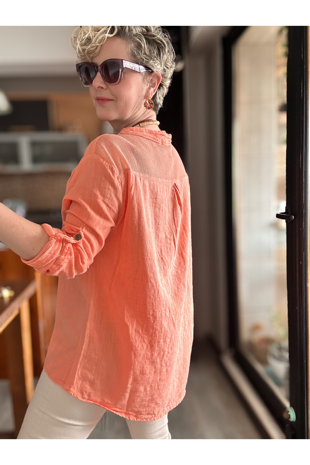 Jalli Tasarım Sırt File Detay Gömlek Turuncu