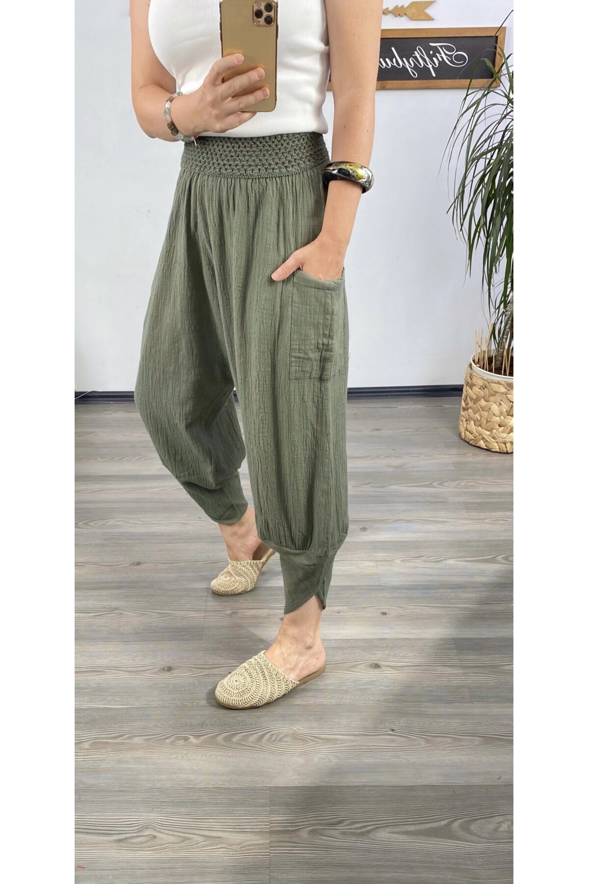 Jimmy V Paça Detaylı Bel Lastik Pamuk Pantalon Haki