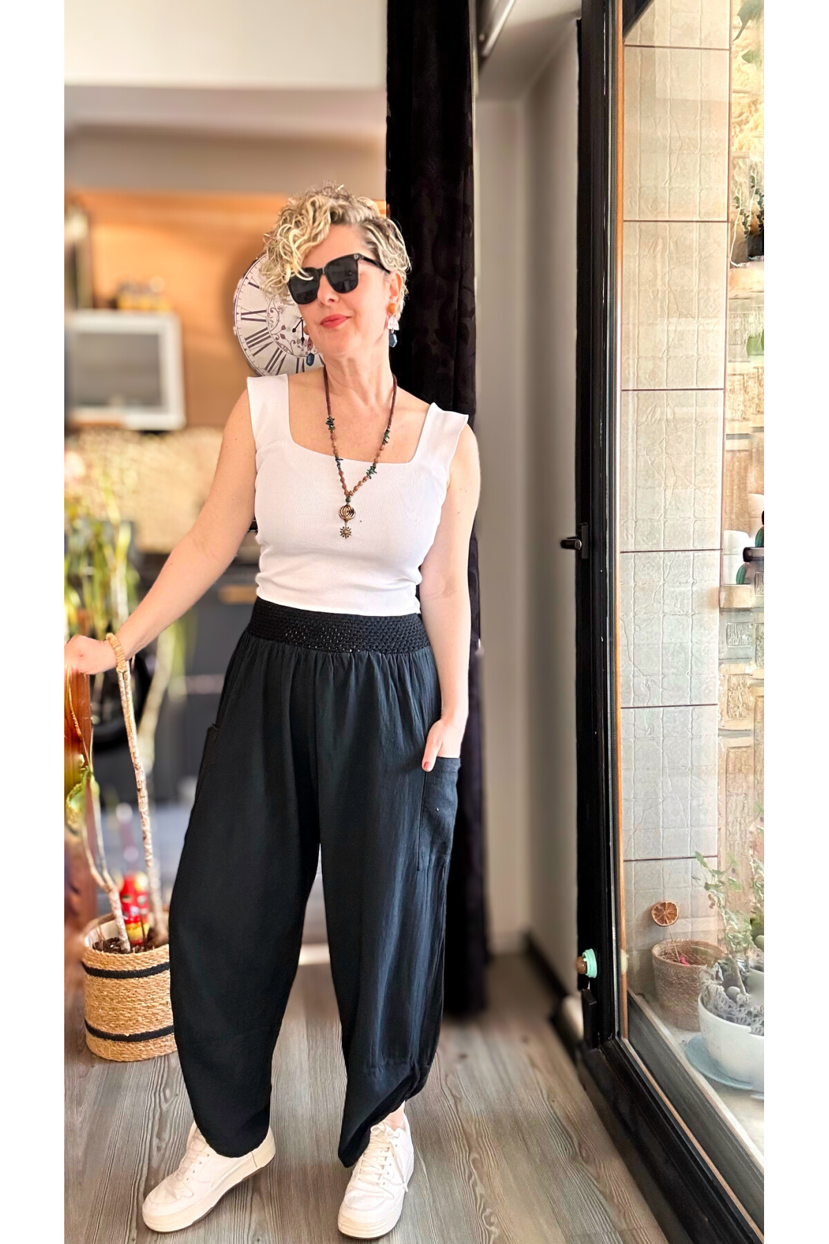 Jimmy V Paça Detaylı Bel Lastik Pamuk Pantalon Siyah