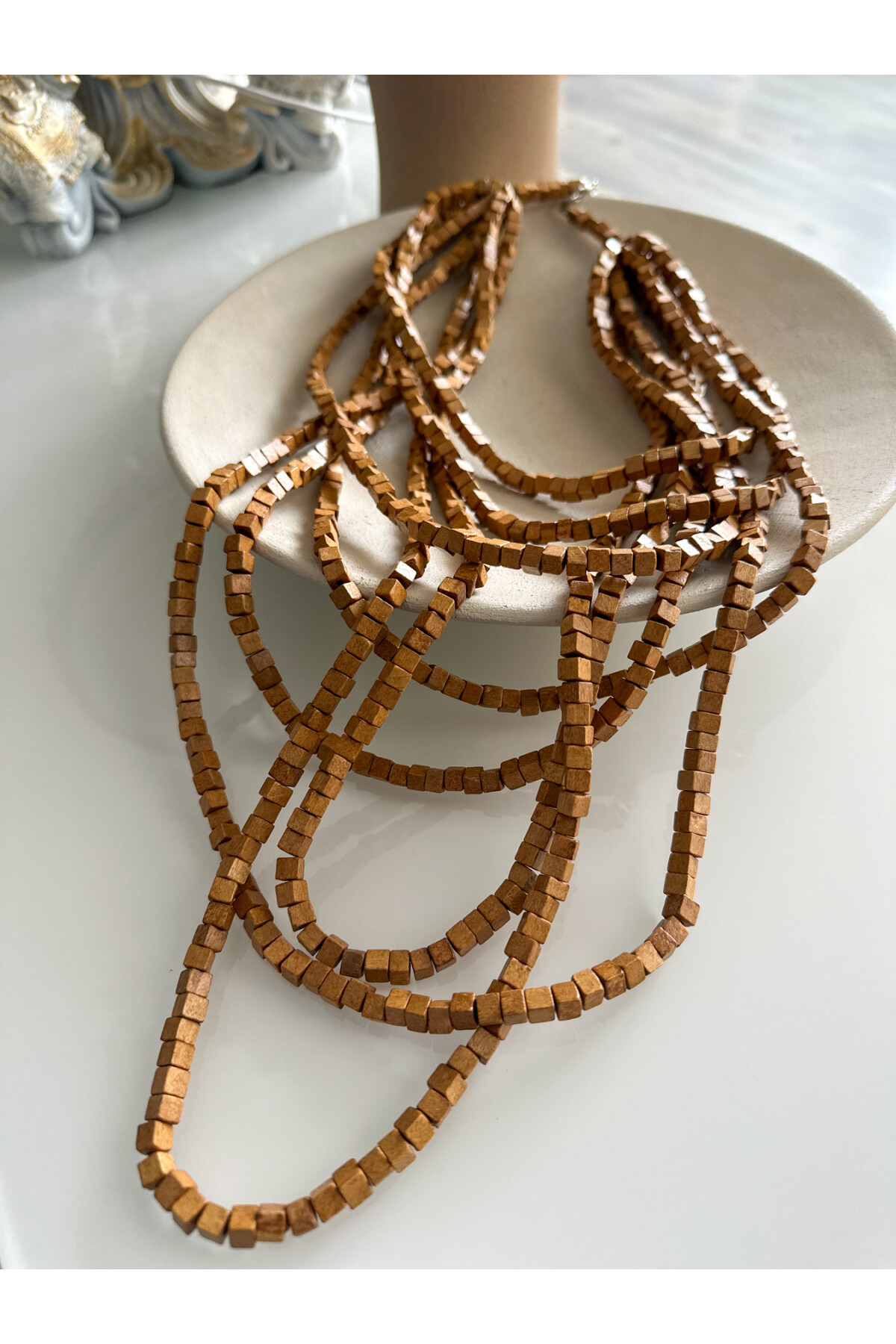 Kahverengi Tahta Otantik Sekiz Sıra Kolye