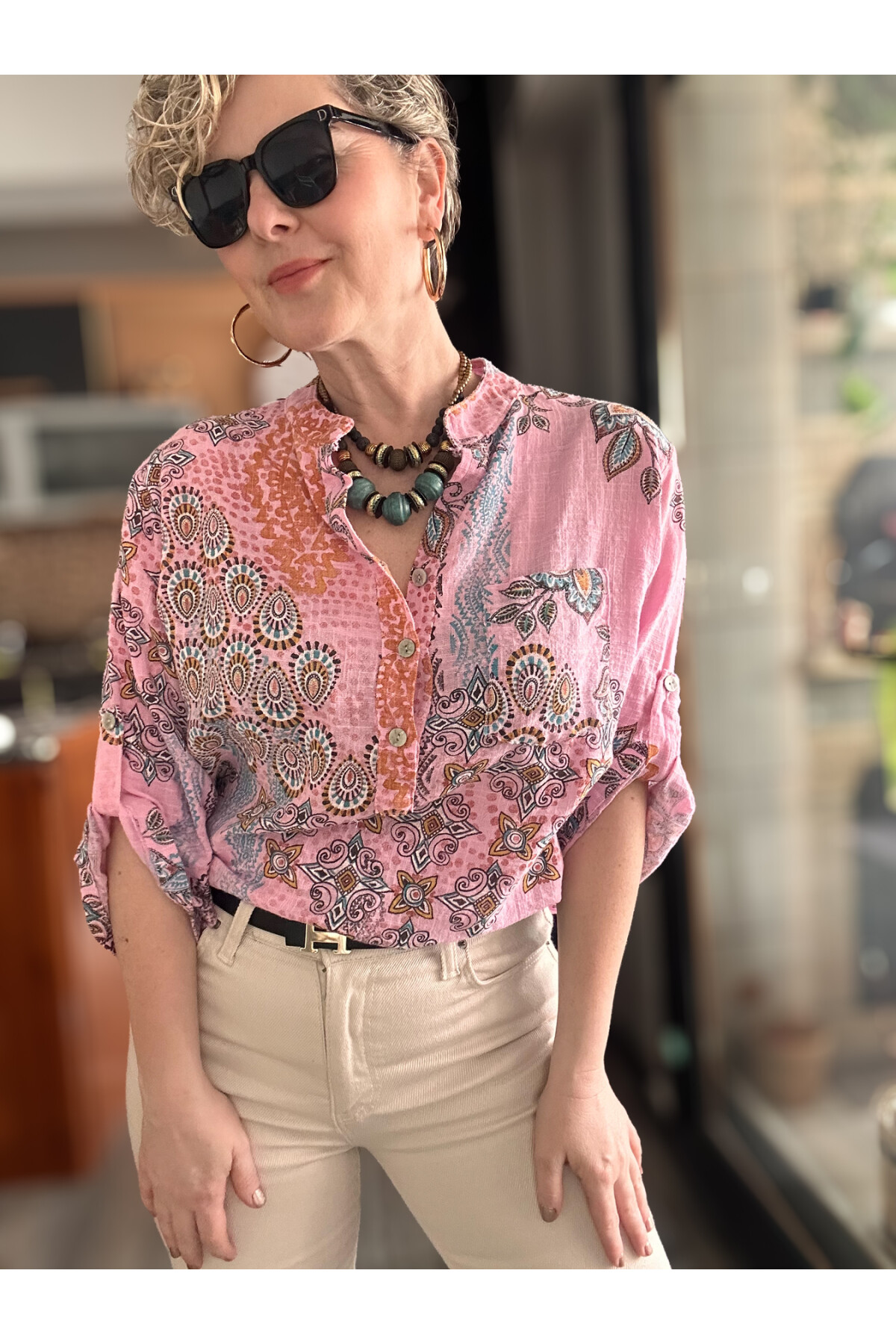 Lanis Şal Desen İtalyan Gömlek Pembe