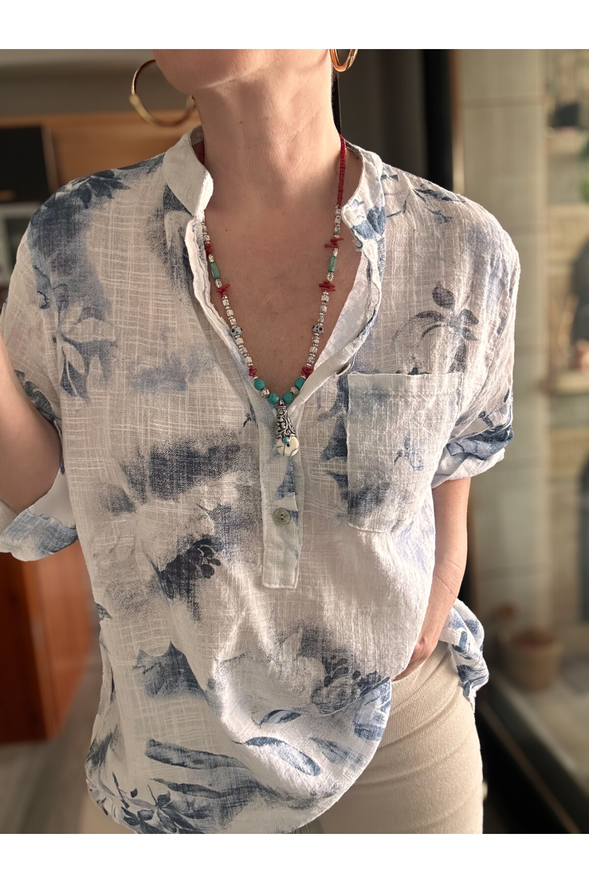 Latre Yaprak Desen İtalyan Gömlek Beyaz