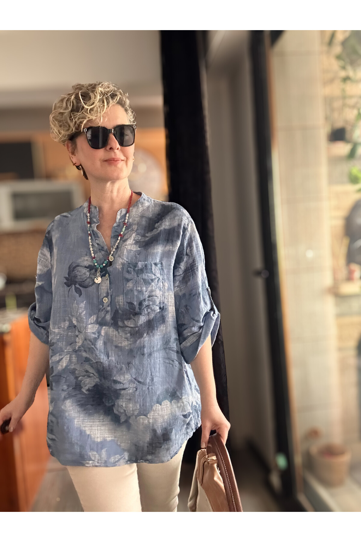 Latre Yaprak Desen İtalyan Gömlek İndigo