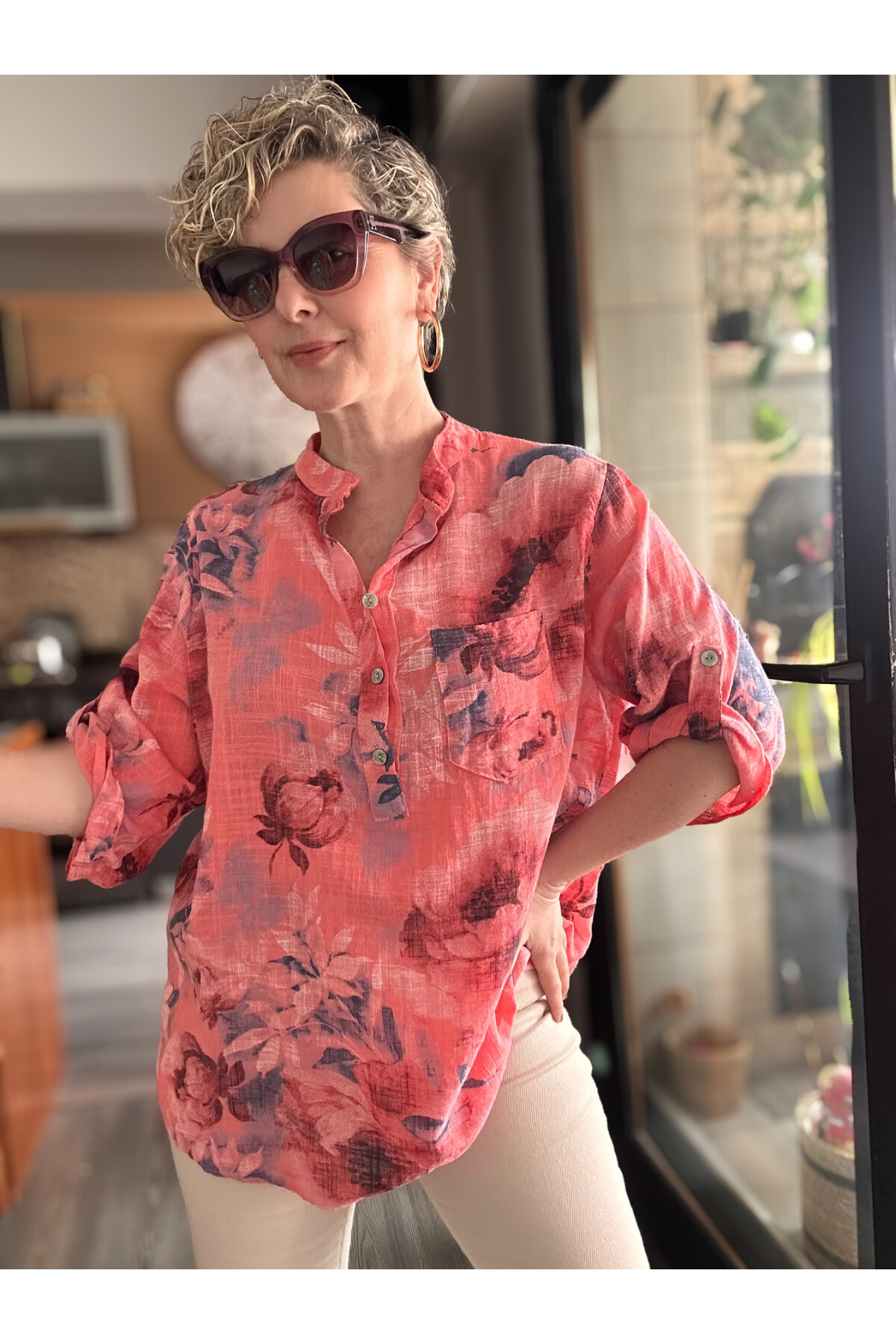 Latre Yaprak Desen İtalyan Gömlek Mercan