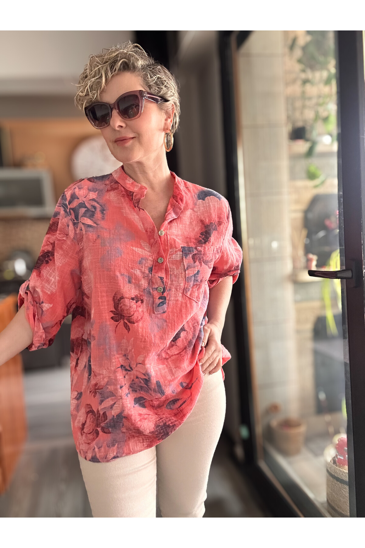 Latre Yaprak Desen İtalyan Gömlek Mercan