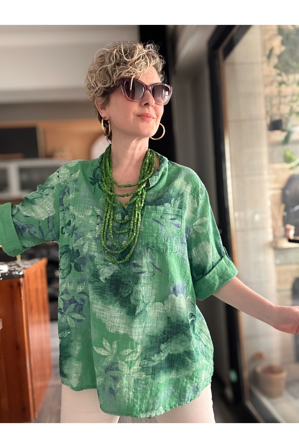 Latre Yaprak Desen İtalyan Gömlek Yeşil