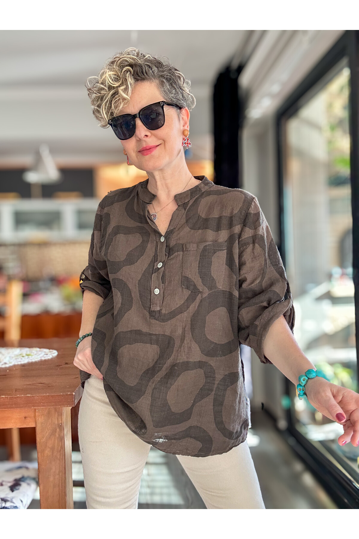 Libro Batik Daire Desen İtalyan Gömlek Kahverengi