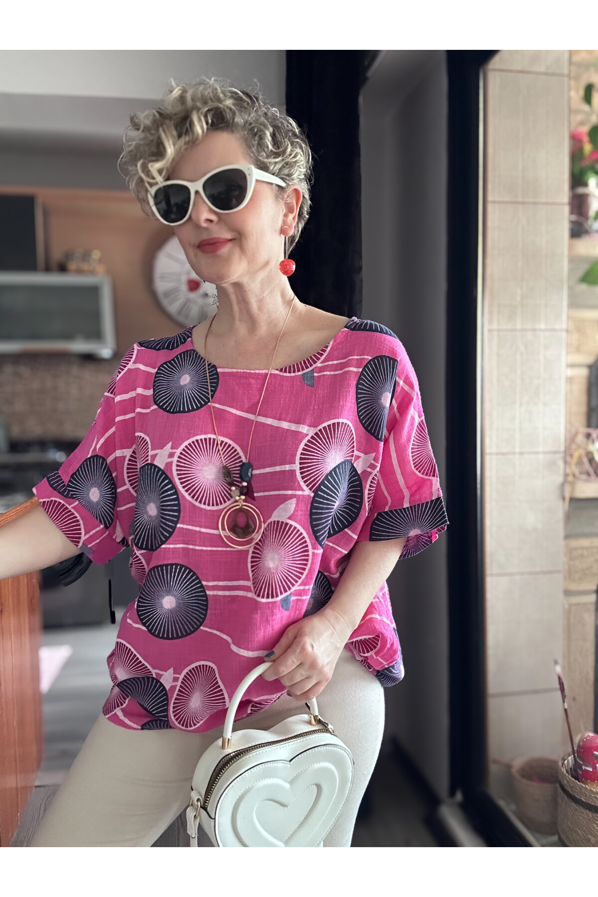 Limmo Desenli  İthal Kolyeli Tasarım Bluz Fuşya