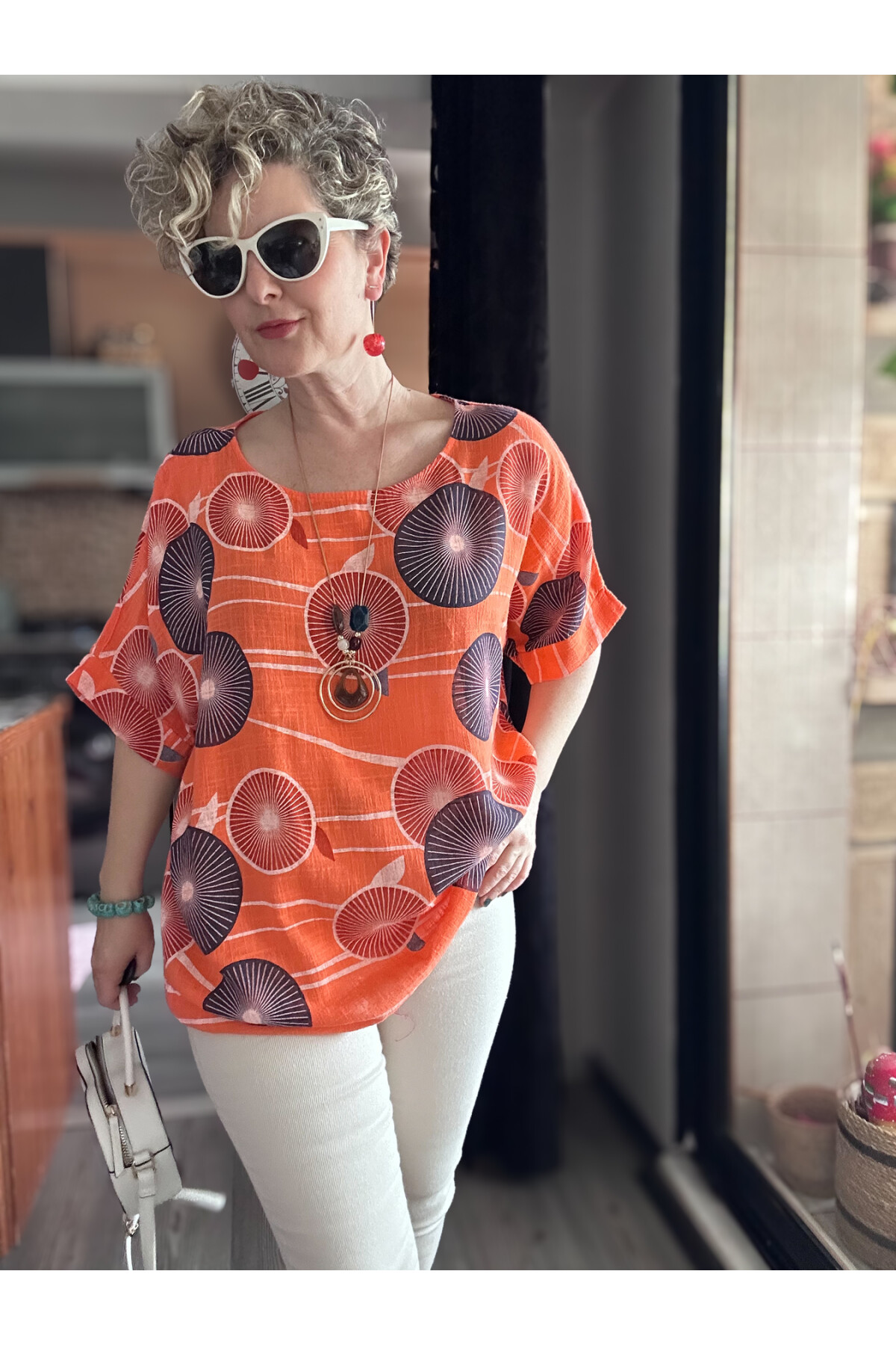 Limmo Desenli  İthal Kolyeli Tasarım Bluz Orange