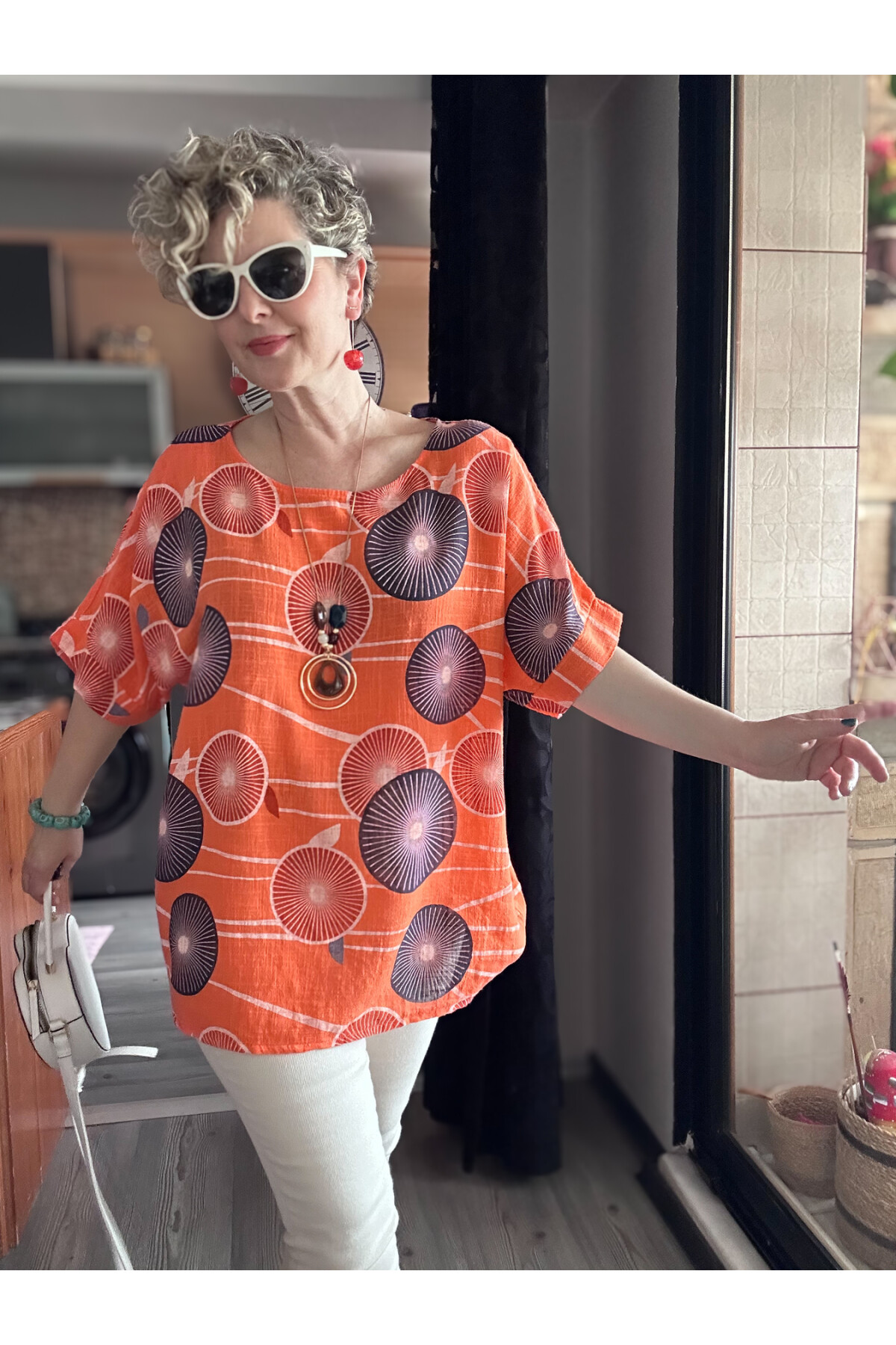 Limmo Desenli  İthal Kolyeli Tasarım Bluz Orange