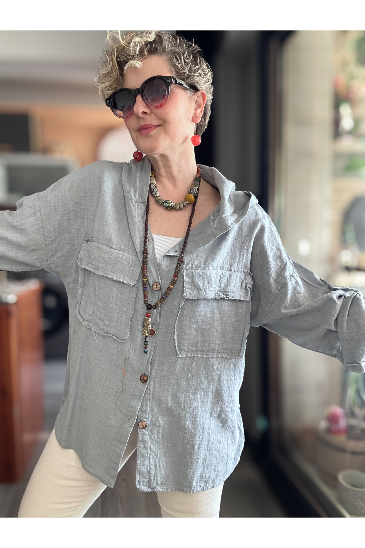 Lolly Vintage Kapşonlu Gömlek Ceket Açık Gri