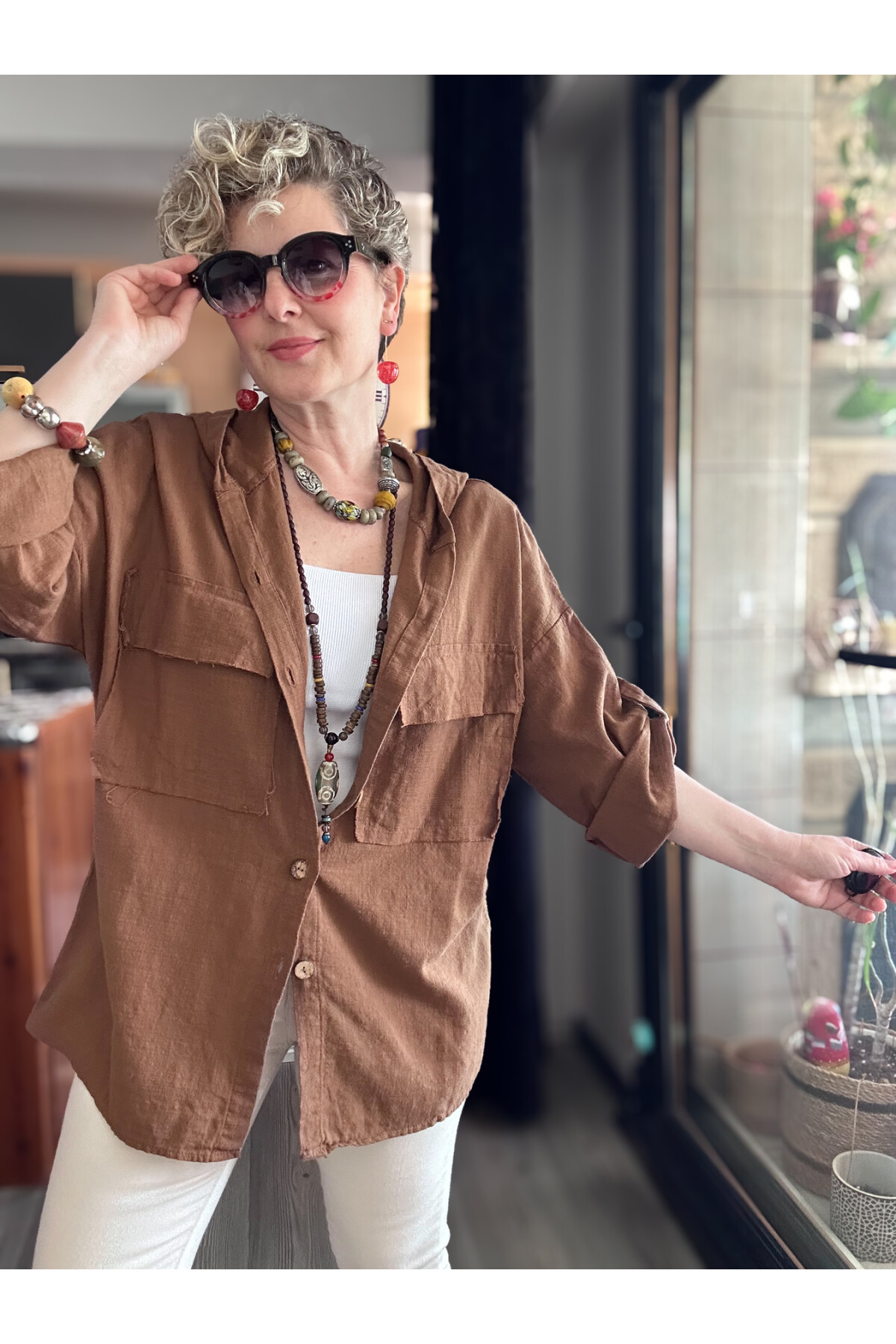 Lolly Vintage Kapşonlu Gömlek Ceket Kahve