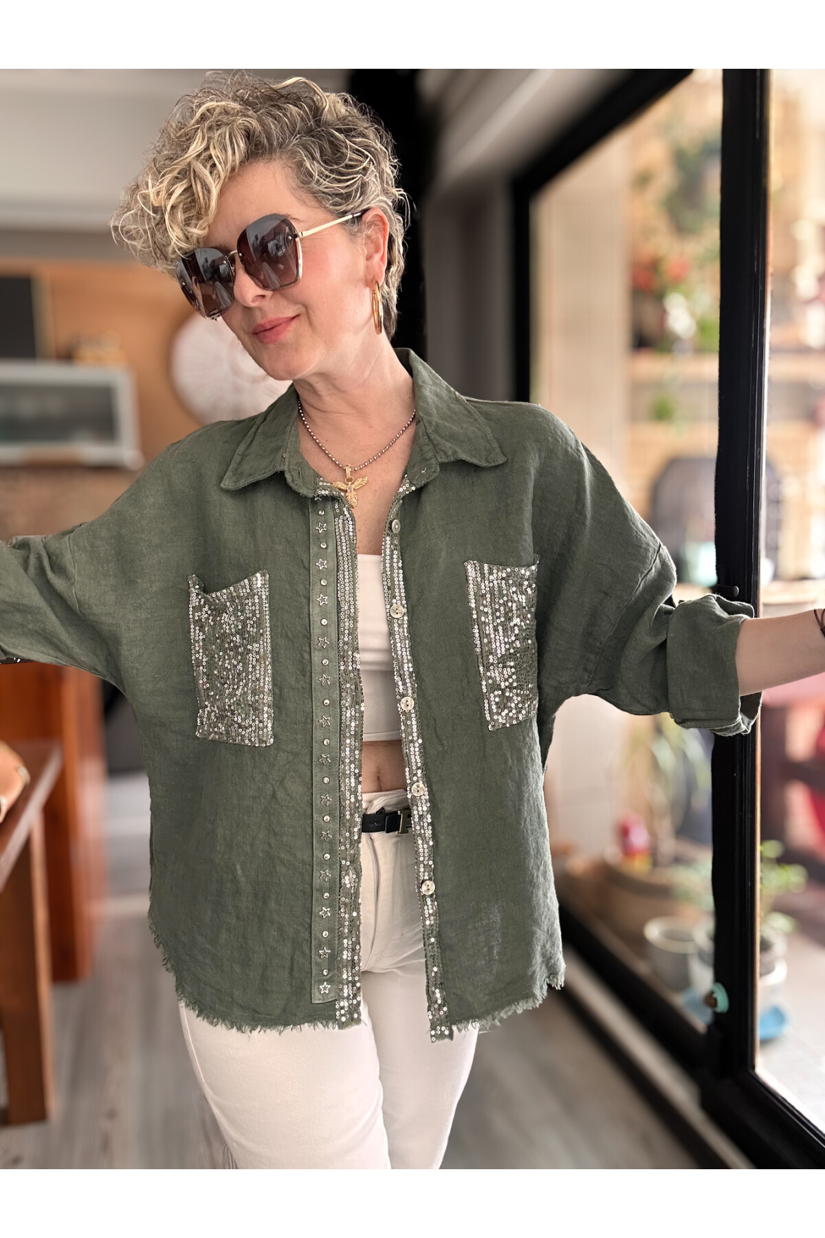 Marnis İtalyan Vip Pul Payet Detay Gömlek Ceket Haki