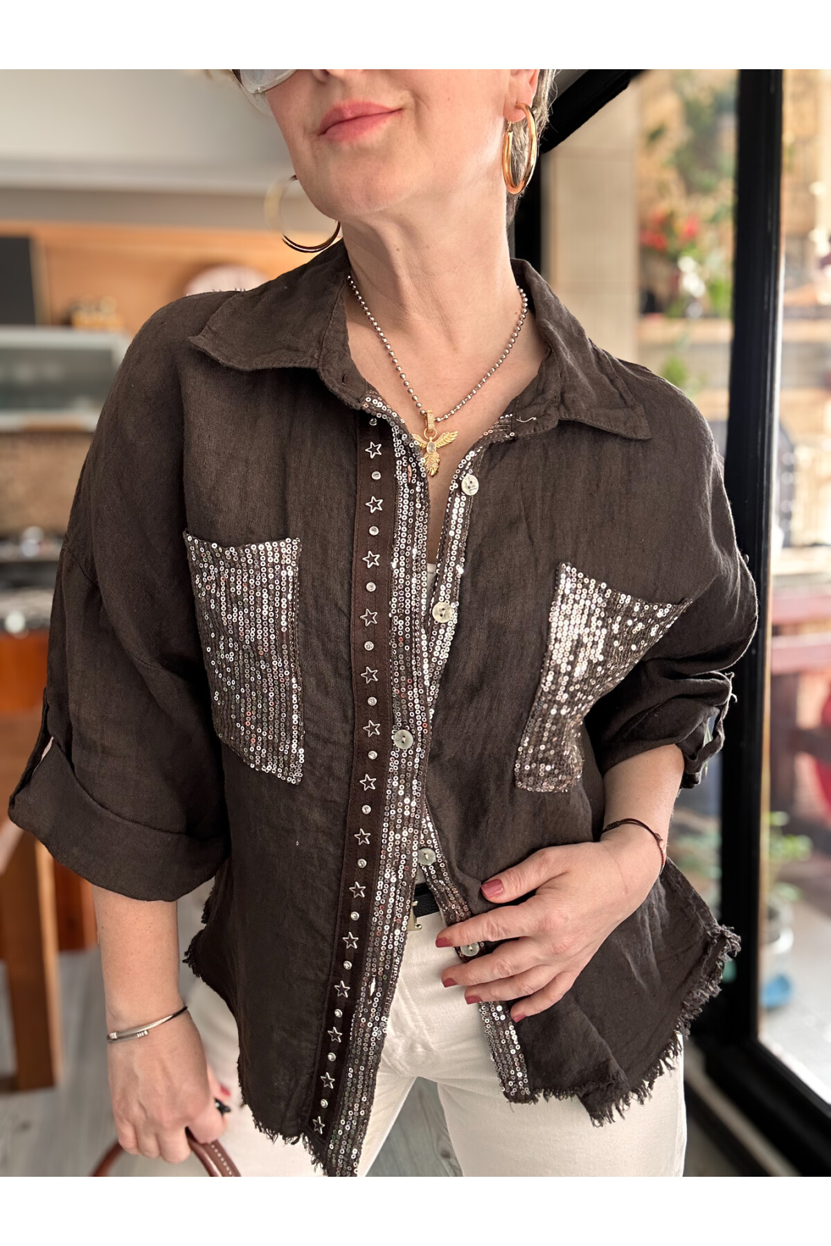 Marnis İtalyan Vip Pul Payet Detay Gömlek Ceket Kahve