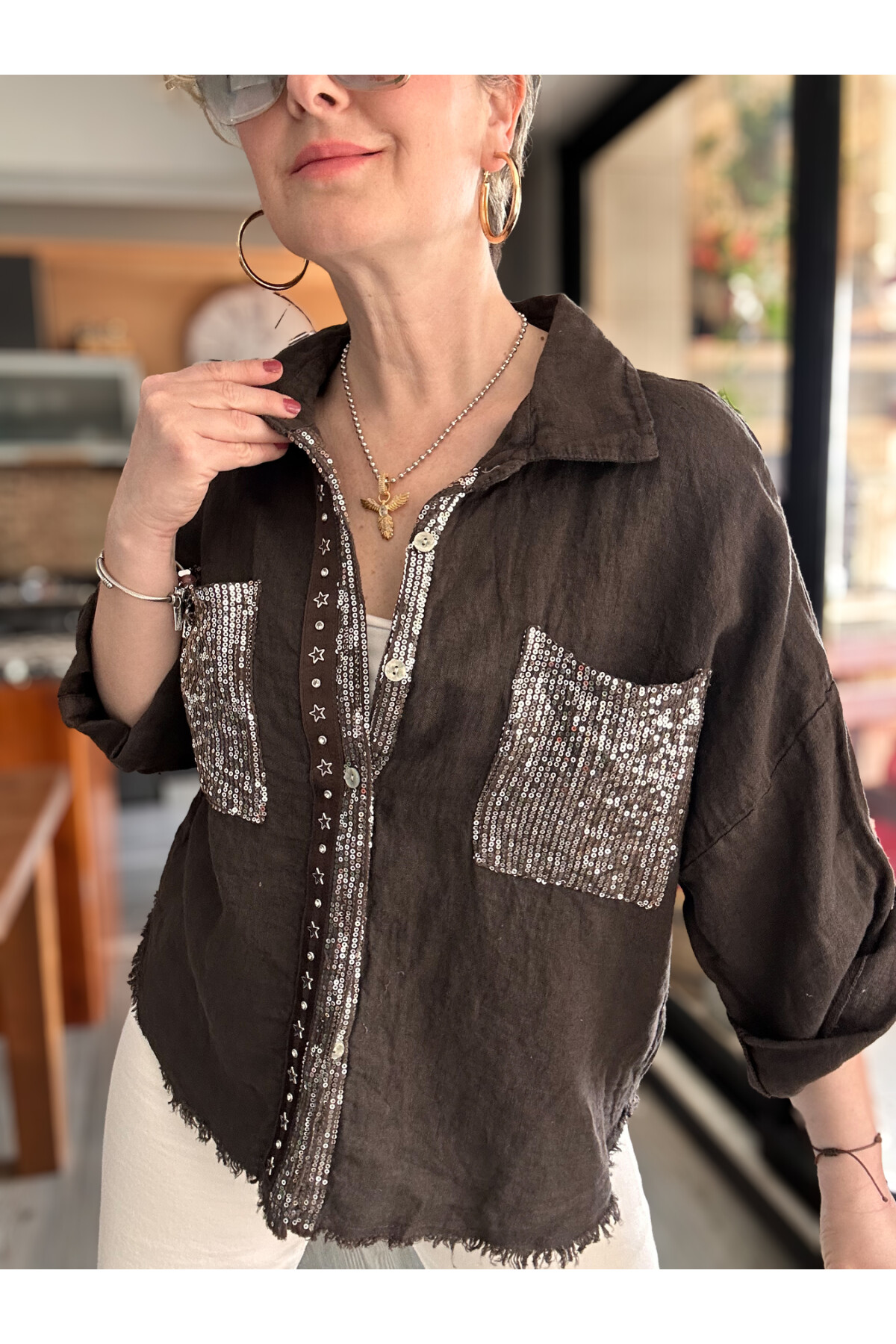 Marnis İtalyan Vip Pul Payet Detay Gömlek Ceket Kahve