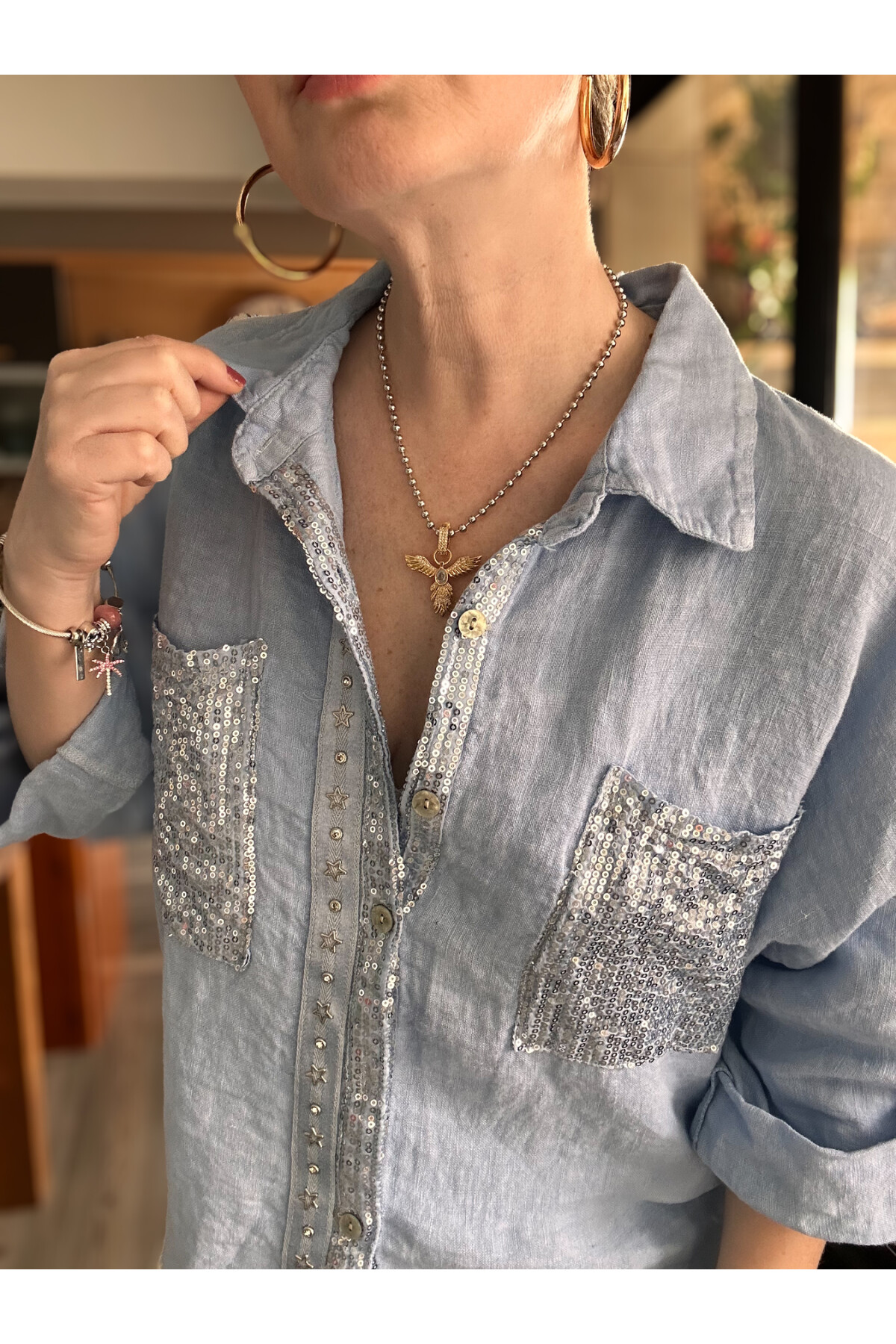 Marnis İtalyan Vip Pul Payet Detay Gömlek Ceket Mavi