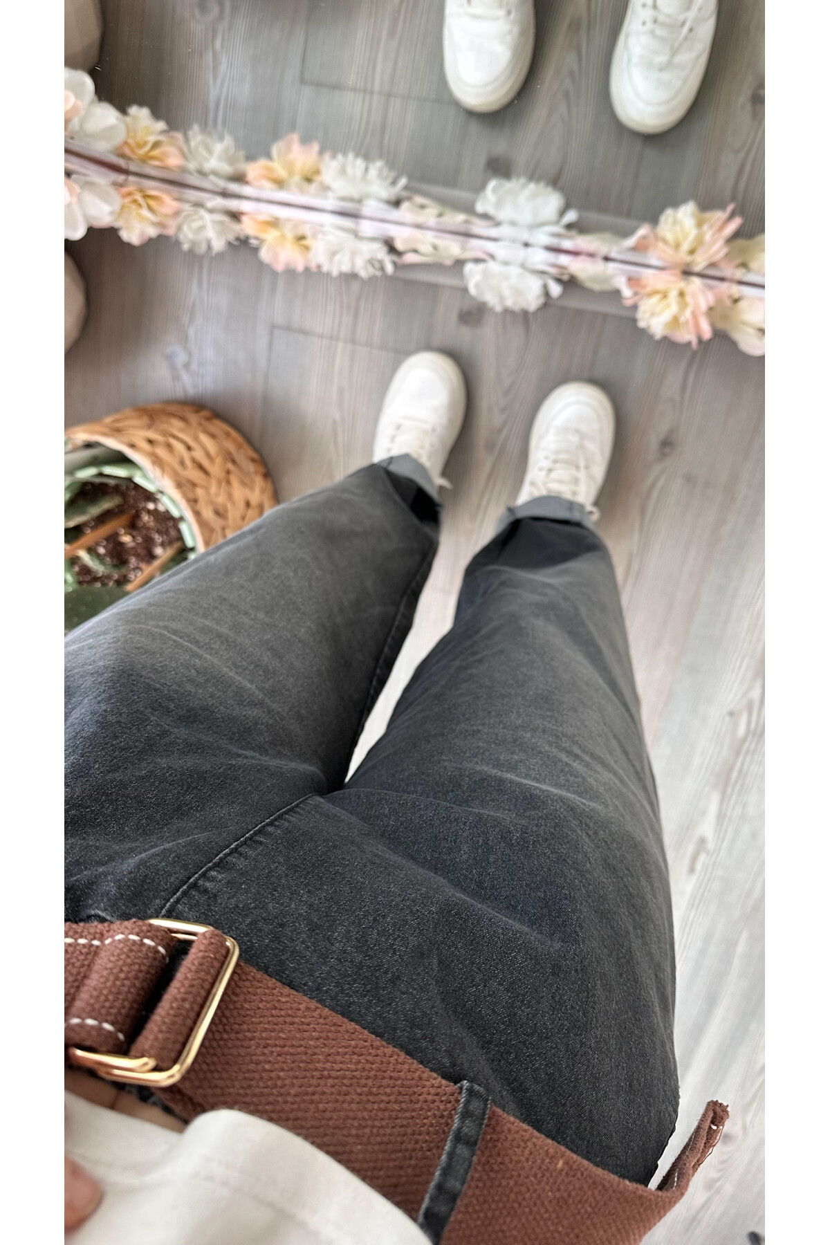 Merlo İtalyan Vip Likralı Kemerli Jean Pantolon Füme