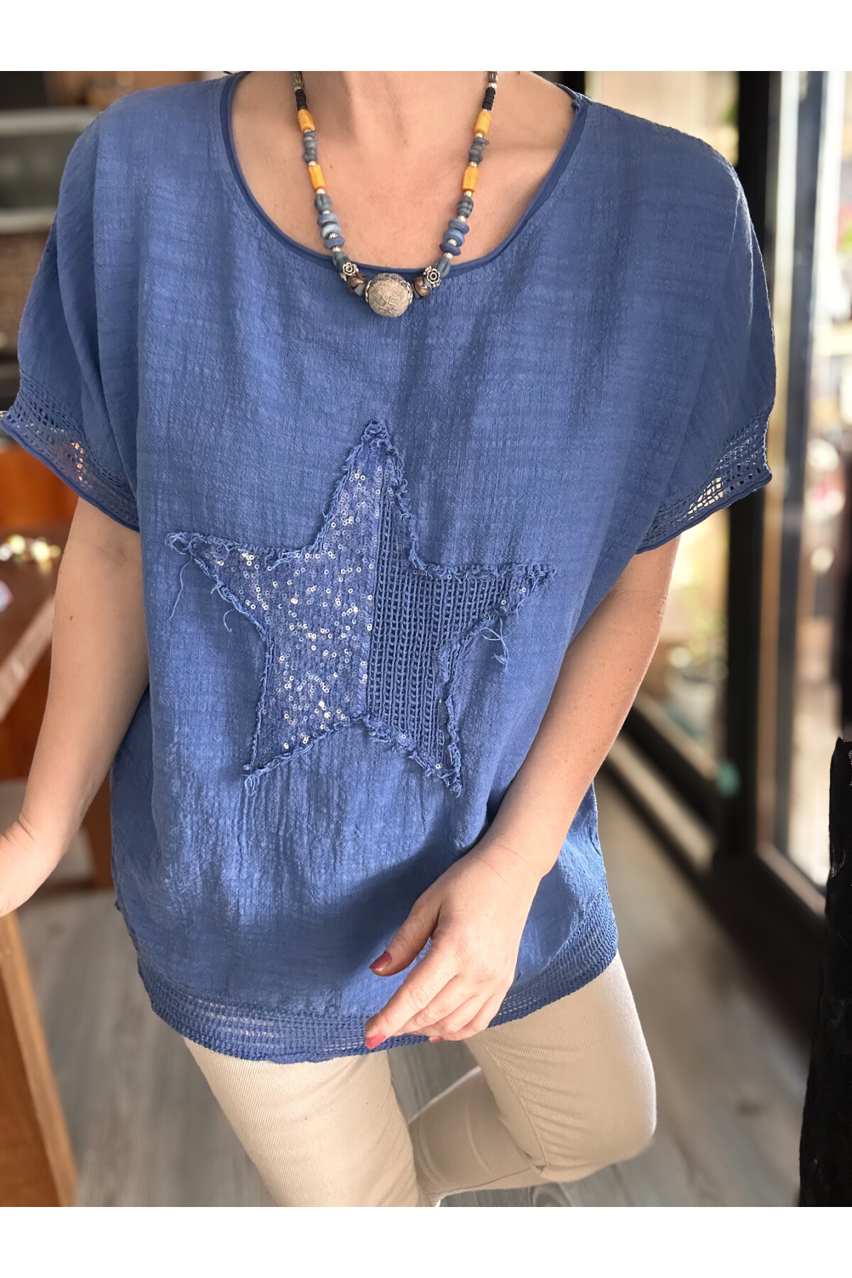 Mesa Yıldız Pul Detay Etek Ucu File Bluz Sax