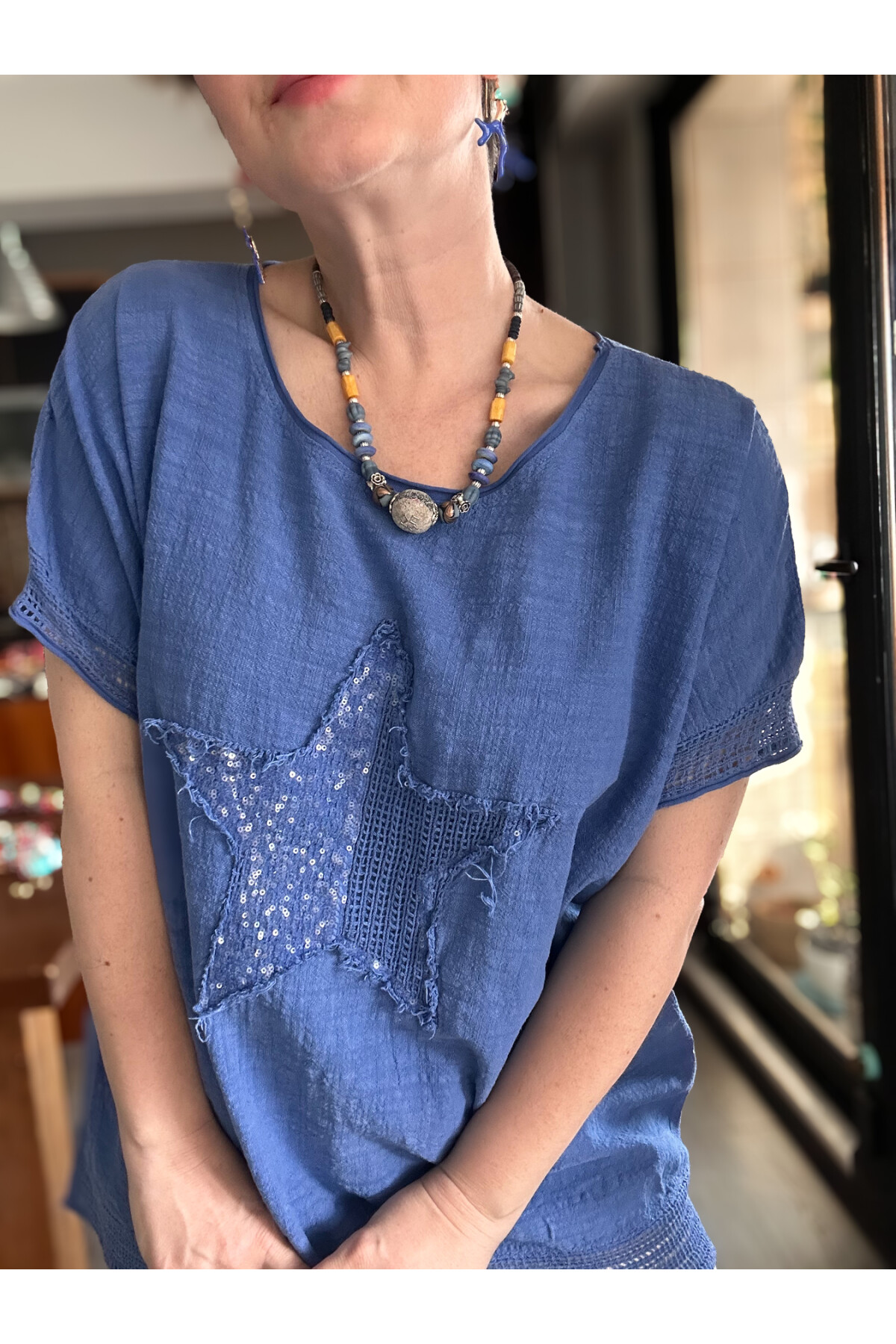 Mesa Yıldız Pul Detay Etek Ucu File Bluz Sax