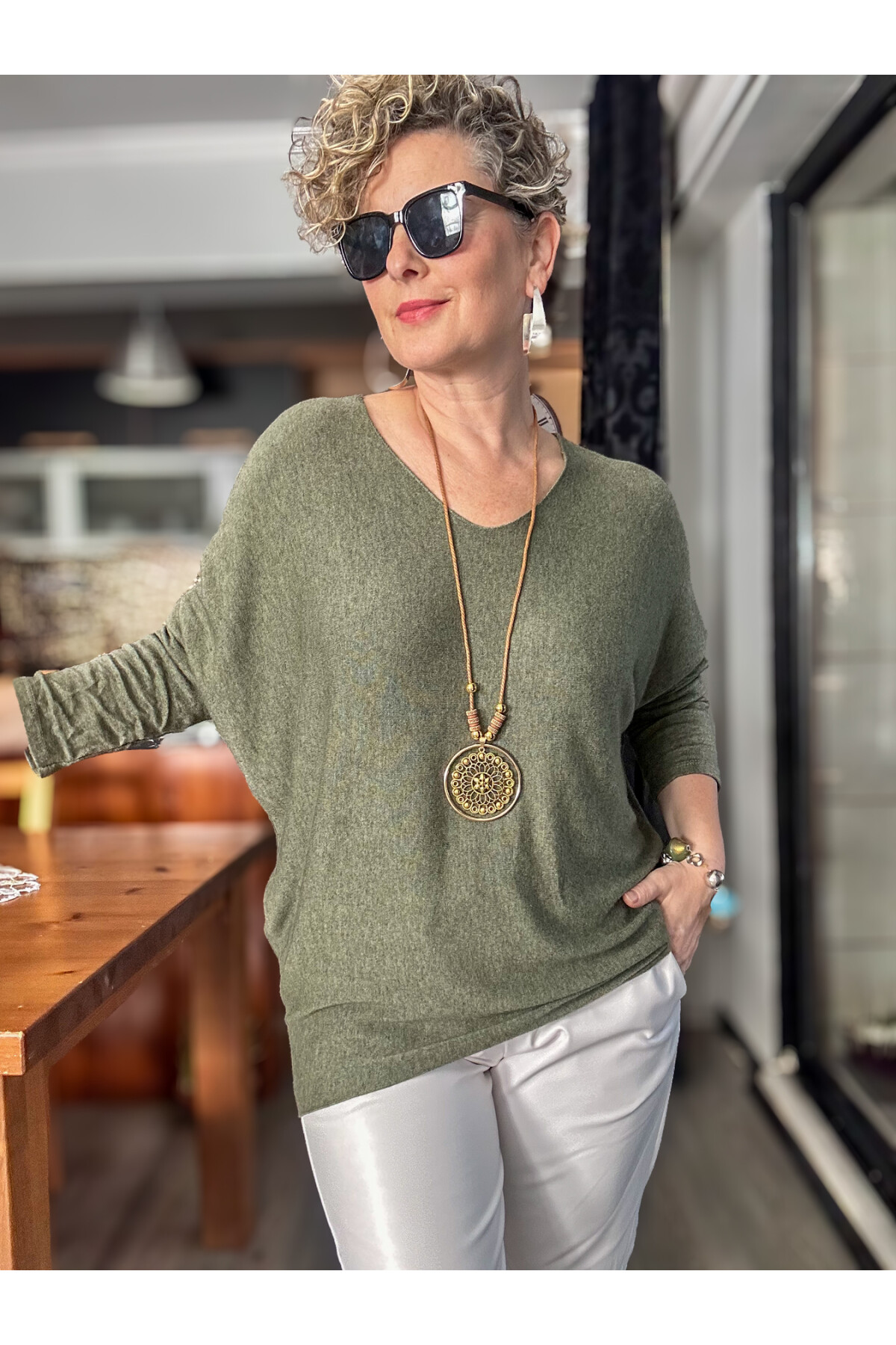 Mezzo İtalyan Kolyeli Tasarım Triko Bluz Military