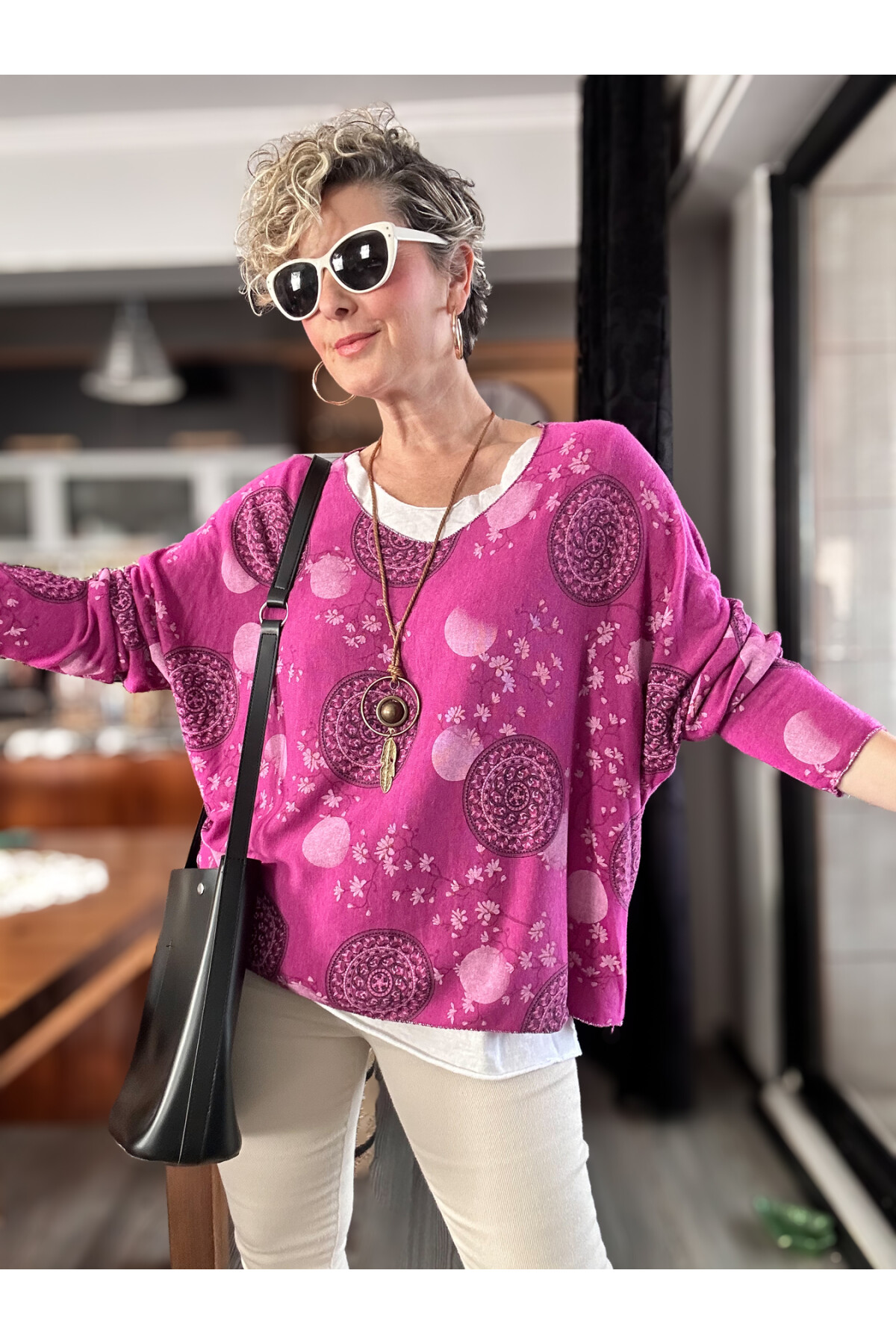 Mira Lotus Desen Kolyeli İtalyan Bluz Bery