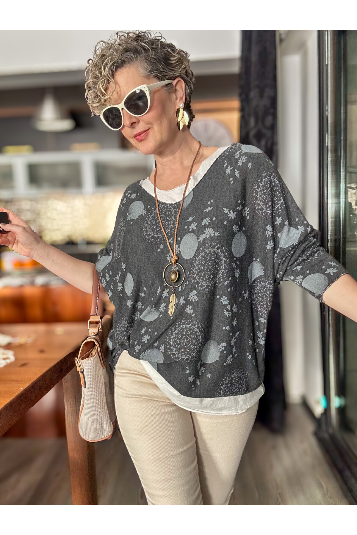 Mira Lotus Desen Kolyeli İtalyan Bluz Nero