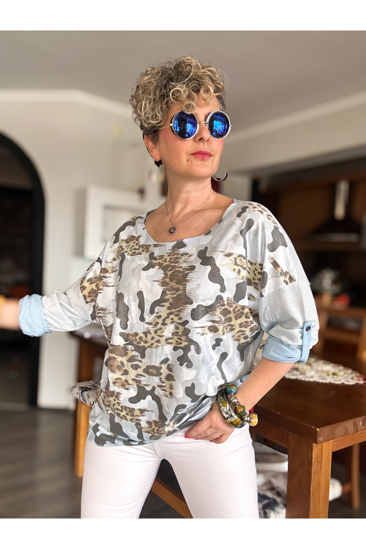 Miranda İtalyan Varak Baskı Kamuflaj Bluz Bebe Mavi