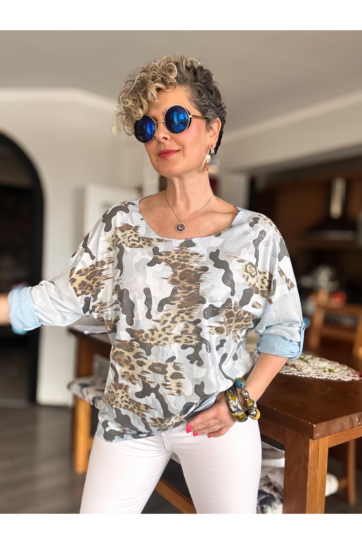 Miranda İtalyan Varak Baskı Kamuflaj Bluz Bebe Mavi