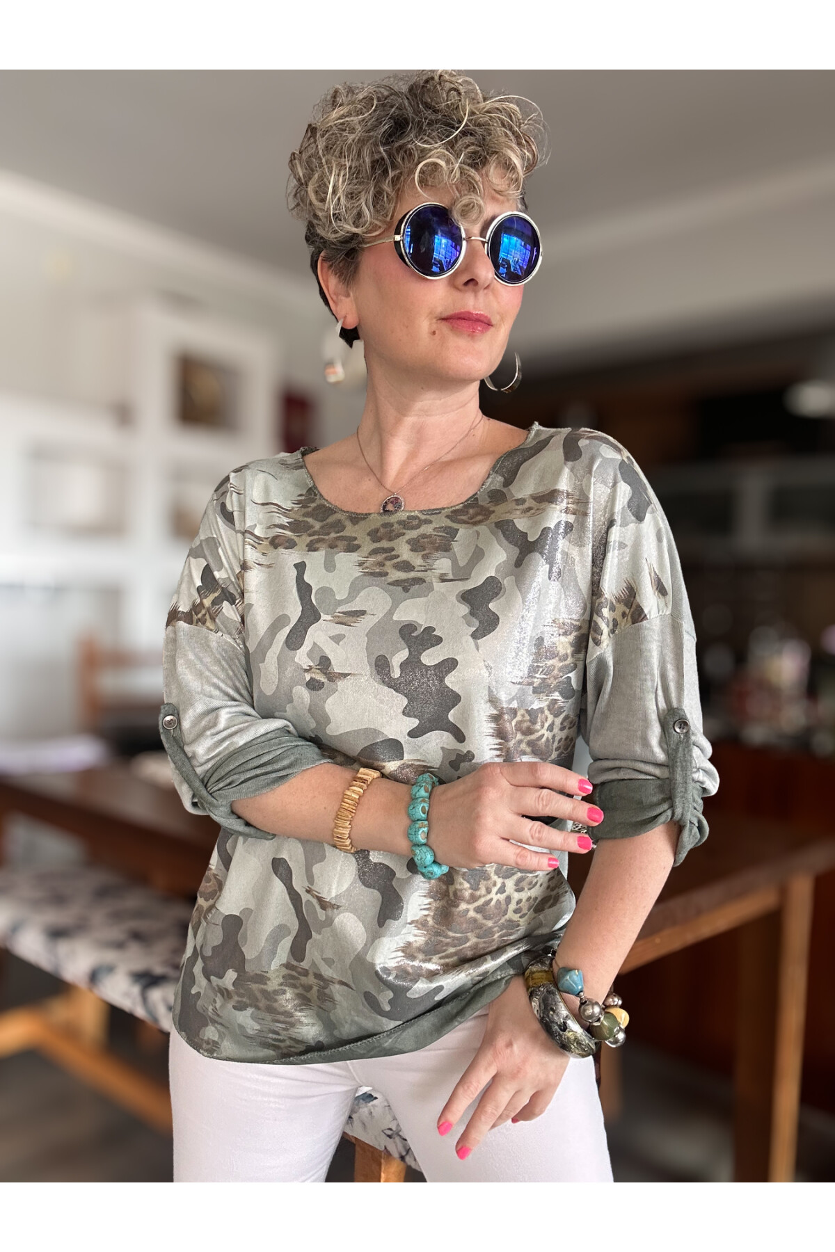 Miranda İtalyan Varak Baskı Kamuflaj Bluz Haki